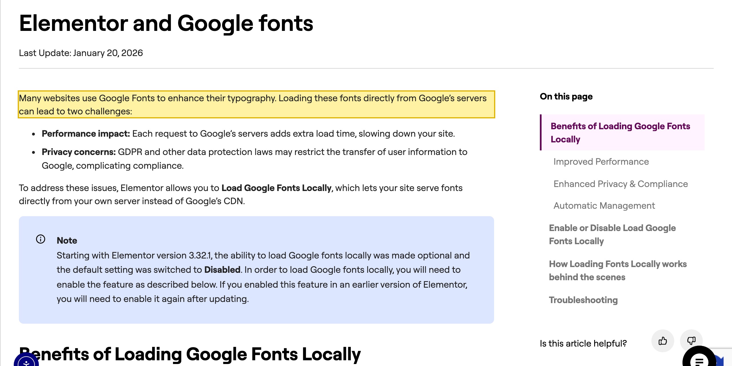 Elementor's help article 'Elementor and Google fonts' explaining that loading fonts directly from Google's servers raises performance and privacy concerns, including that data-protection laws may restrict the transfer of user information to Google