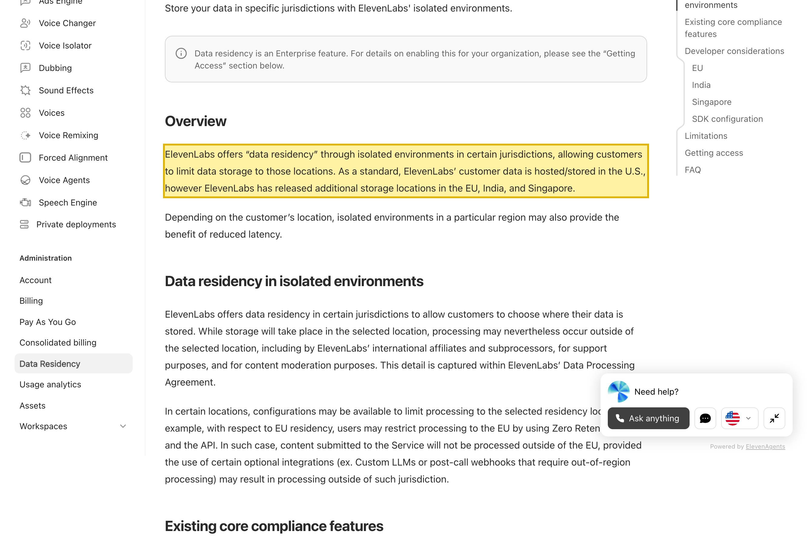 ElevenLabs' data residency documentation stating that customer data is hosted and stored in the U.S. by default, with additional storage in the EU, India, and Singapore for Enterprise accounts, and that processing may occur outside the selected location through ElevenLabs' international affiliates and subprocessors