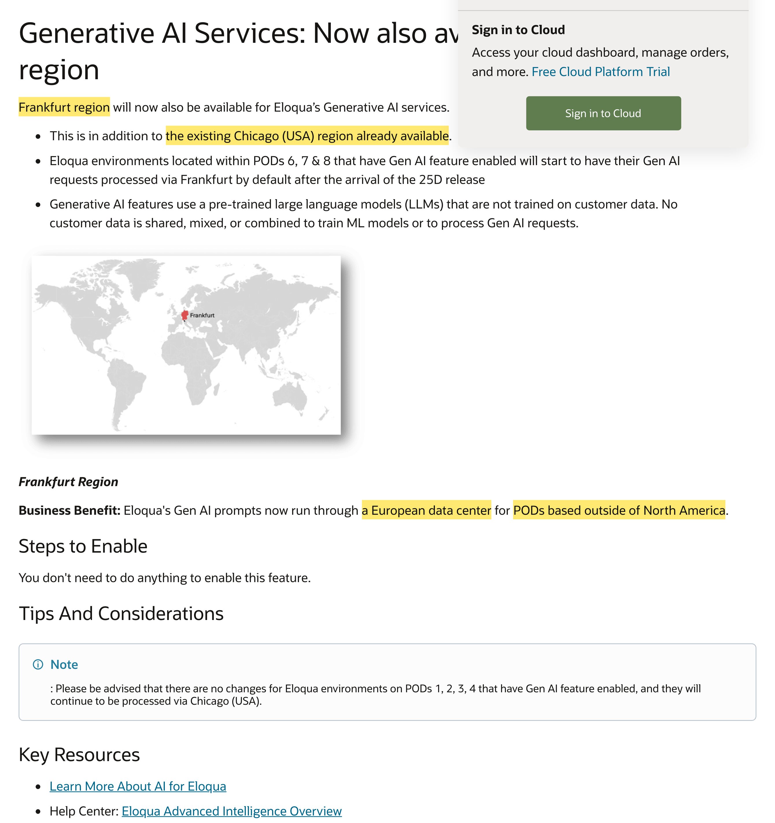 Oracle Eloqua 25Dのリリースノート。Eloquaがリクエストを処理するリージョンとしてシカゴ（米国）とフランクフルトを挙げ、中国本土のリージョンは記載されていない