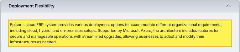 Epicor's own Kinetic Cloud Business Platform page, Deployment Flexibility section, stating that Epicor's cloud ERP system provides various deployment options including cloud, hybrid, and on-premises setups, supported by Microsoft Azure