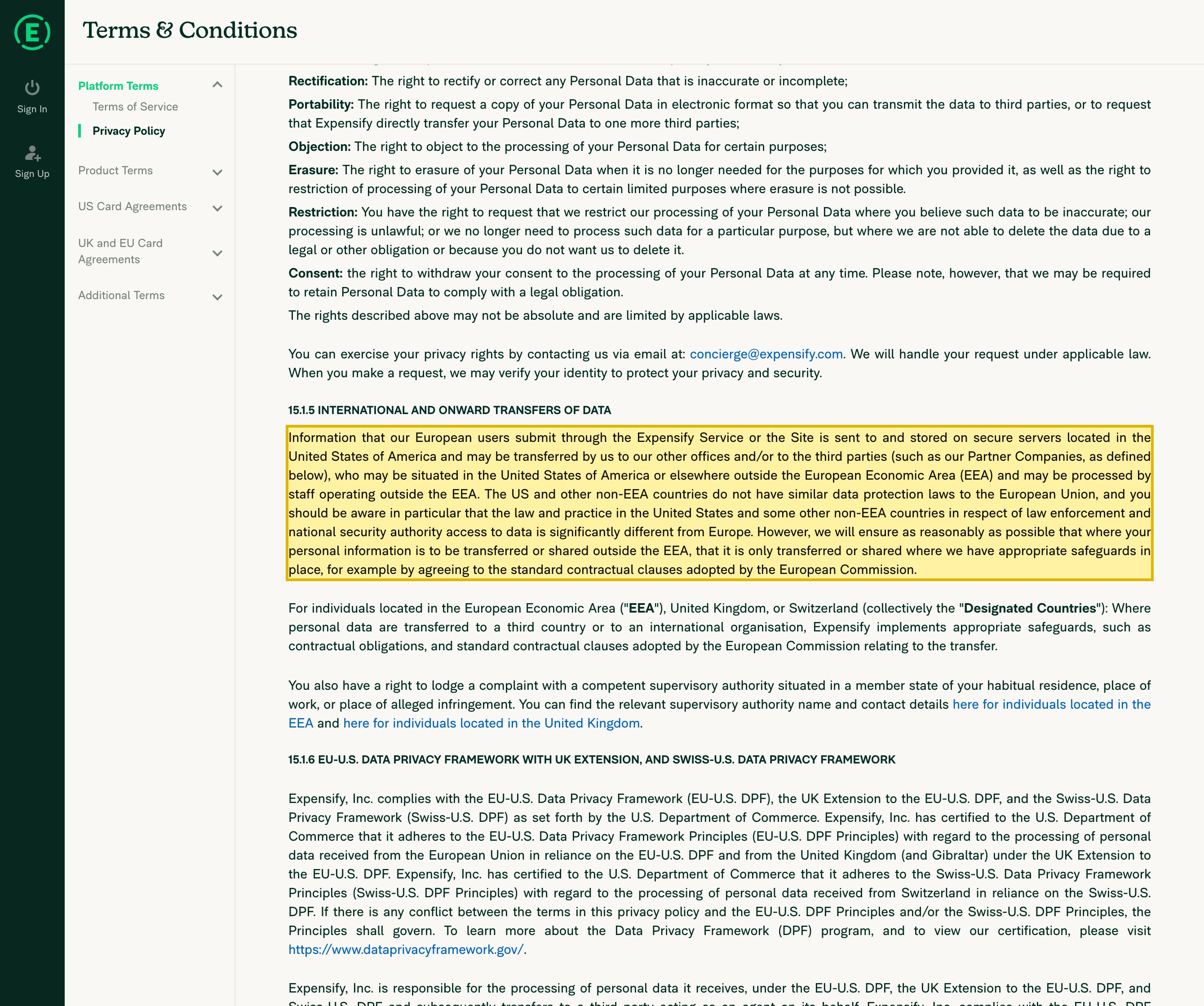 Expensify Privacy Policy, Overseas Disclosure and International Transfers sections, stating that Expensify is based in the United States, may host, transfer and process personal data in the United States and other countries, and that submitted information is stored on secure servers located in the United States of America, with no mainland-China region named.