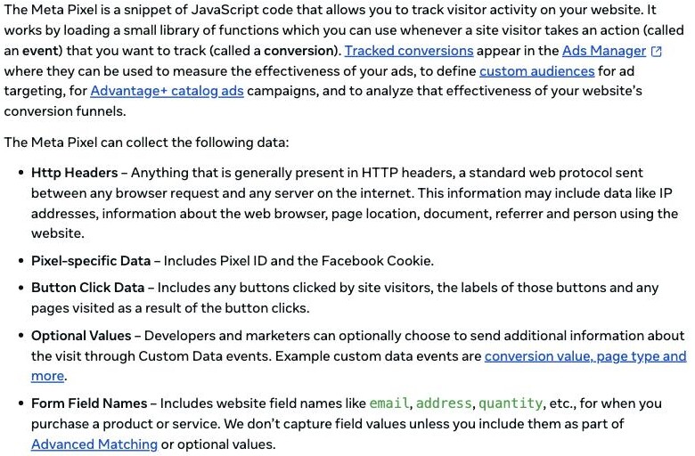 Meta for Developers documentation for the Meta Pixel, describing it as JavaScript code that tracks visitor activity on a website and listing the data it collects, including IP addresses and browser information