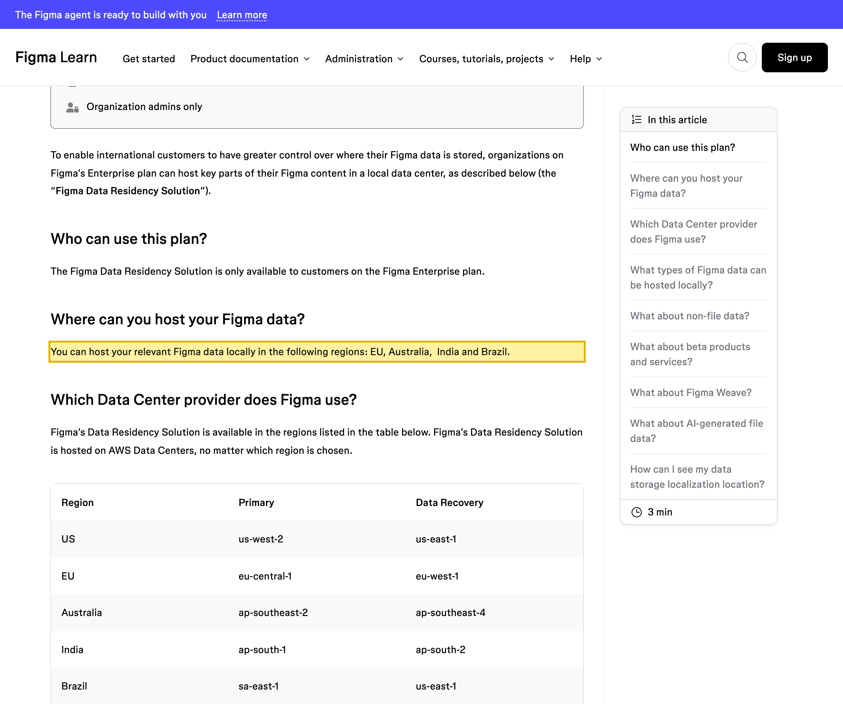 Figma's own help-center documentation for its Data Residency Solution on help.figma.com, listing the regions where Enterprise customers can host Figma data locally — EU, Australia, India and Brazil in the prose, plus the US, Japan and Canada in the regional table — all offshore, with no mainland-China region anywhere in the list, and stating the feature is available only on the Figma Enterprise plan.