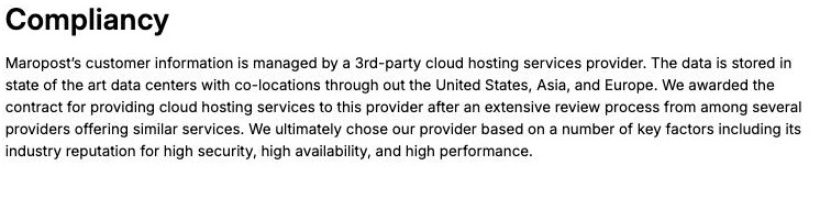 Maropost Compliance page stating customer data is stored in data centers across the United States, Asia and Europe, managed by a third-party cloud hosting provider, not an ICP-filed presence inside mainland China