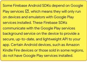 Firebase's Android documentation page listing which Firebase SDKs require Google Play services — Cloud Messaging (com.google.firebase:firebase-messaging) is marked Required — and noting that certain Android devices, including those sold in some regions, do not have Google Play services installed