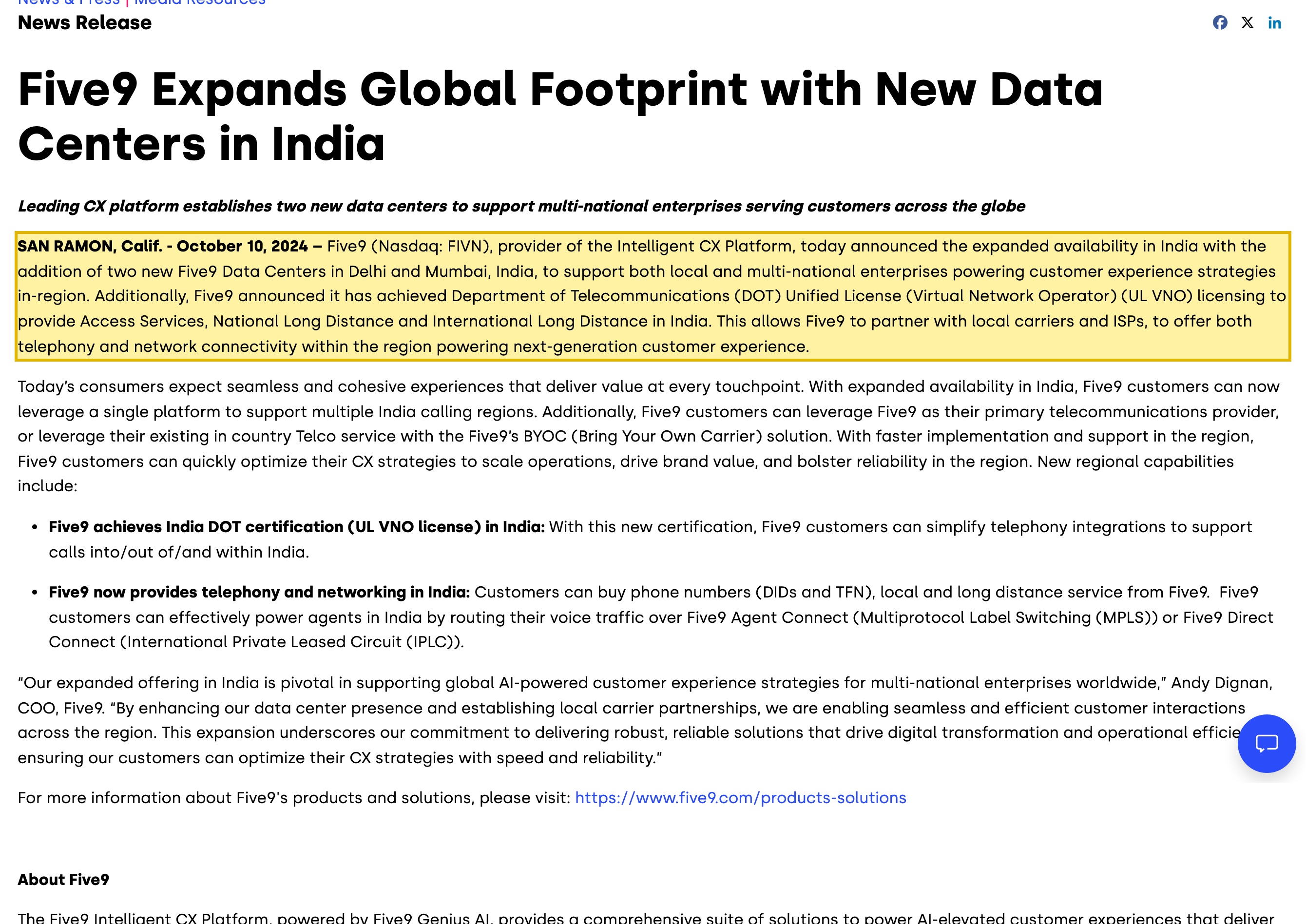 Five9 press release 'Five9 Expands Global Footprint with New Data Centers in India' stating Five9 added two new data centers in Delhi and Mumbai and achieved a Department of Telecommunications Unified License to provide Access Services, National Long Distance and International Long Distance in India