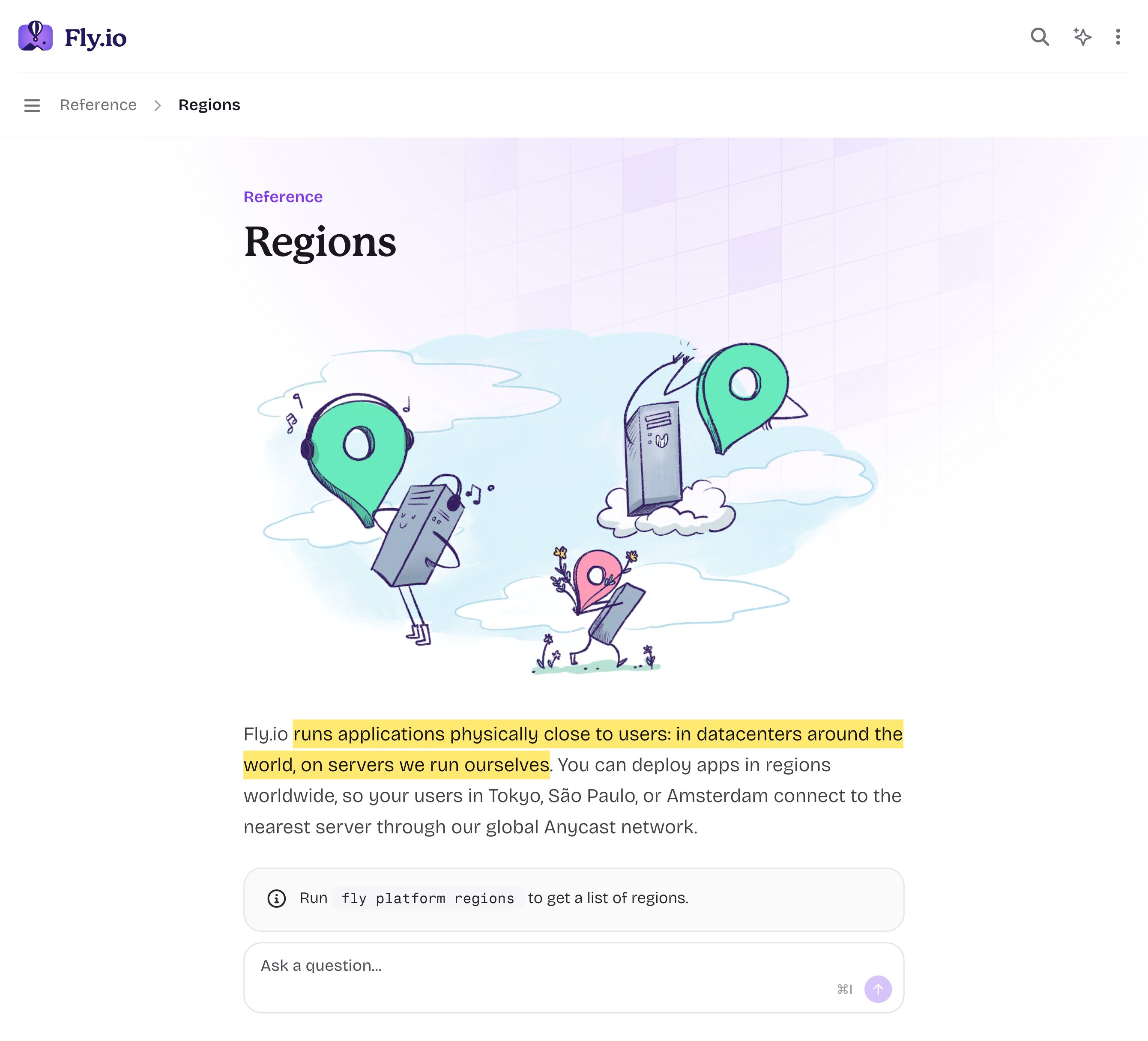Fly.io Docsのリージョン・リファレンスページ。東京（nrt）、シンガポール（sin）、シドニー、フランクフルト、複数の米国都市などのリージョンを列挙——中国本土の内側のリージョンはない