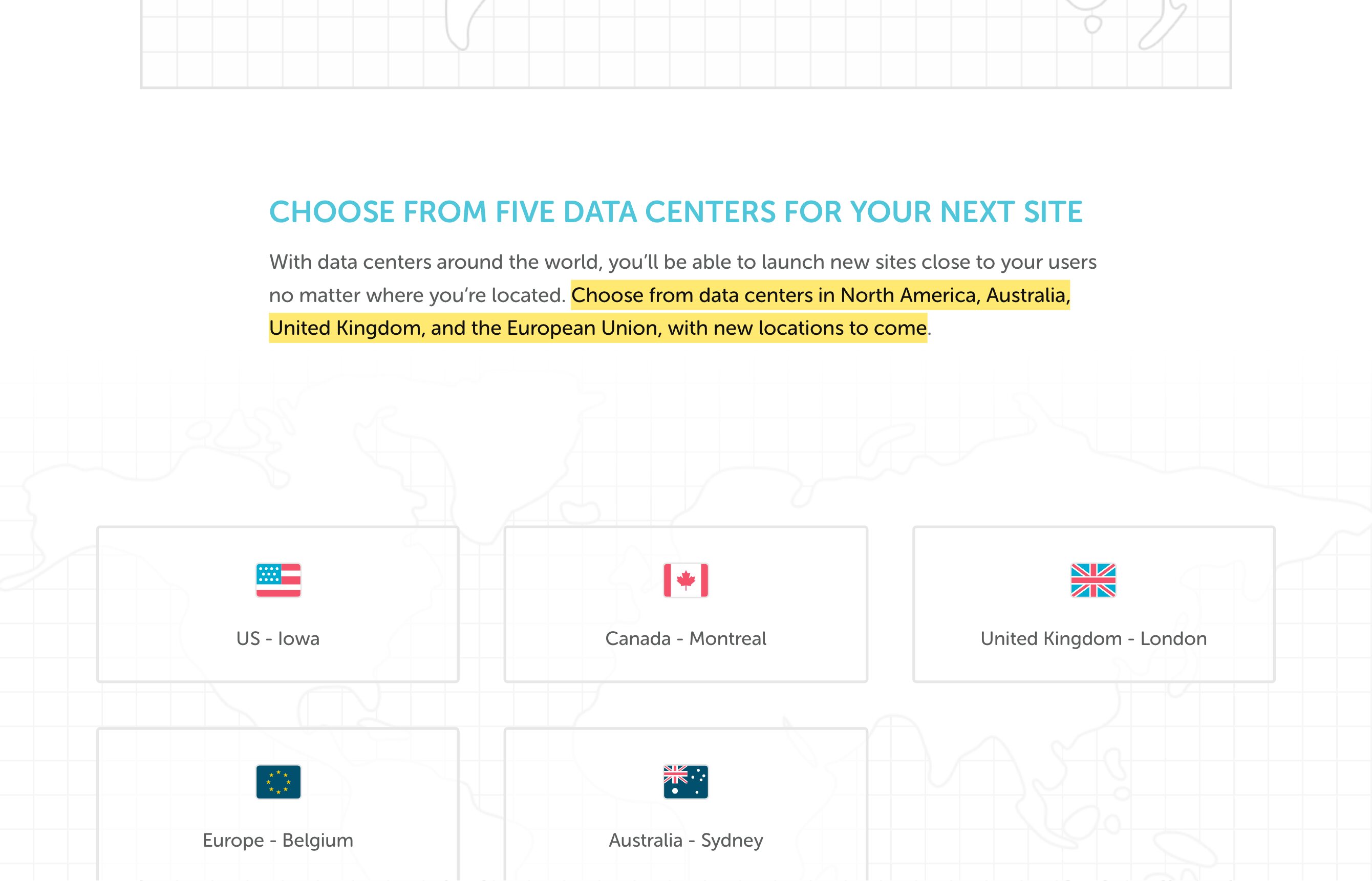 FlywheelのGlobal WordPressデータセンターのページ。5つのデータセンター——米国（アイオワ）、カナダ（モントリオール）、英国（ロンドン）、ヨーロッパ（ベルギー）、オーストラリア（シドニー）——を列挙し、中国本土の拠点はない