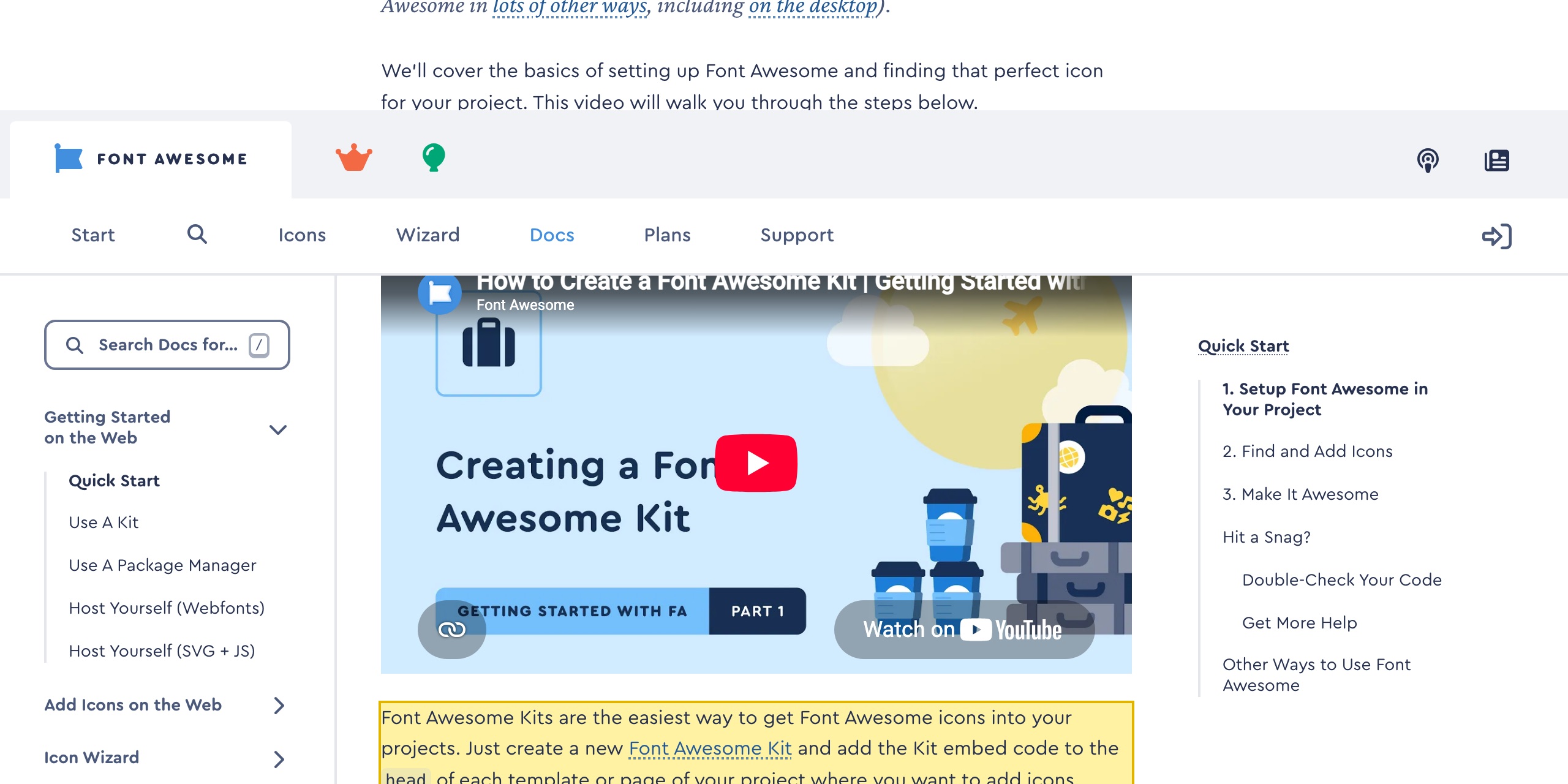 Font AwesomeのWeb Get Startedドキュメント。Kitの埋め込みコード——crossorigin anonymous付きで https://kit.fontawesome.com/YOUR_KIT_CODE.js を読み込むscriptタグ——と、Kitをプロジェクトにアイコンを取り込む最も簡単な方法と説明するテキストを示す。Kitとそのウェブフォントは、中国本土の拠点がないFont AwesomeのオフショアのCDNから読み込まれる