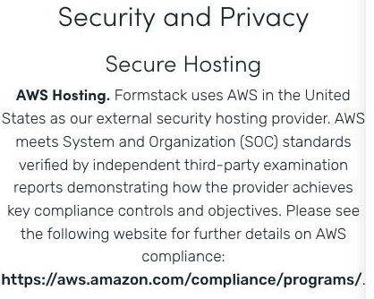Formstack's Data Privacy and Security for Forms page stating that Formstack uses AWS in the United States as its external security hosting provider, with stored data replicated from the US-East region to the US-West region, and no mainland-China location listed