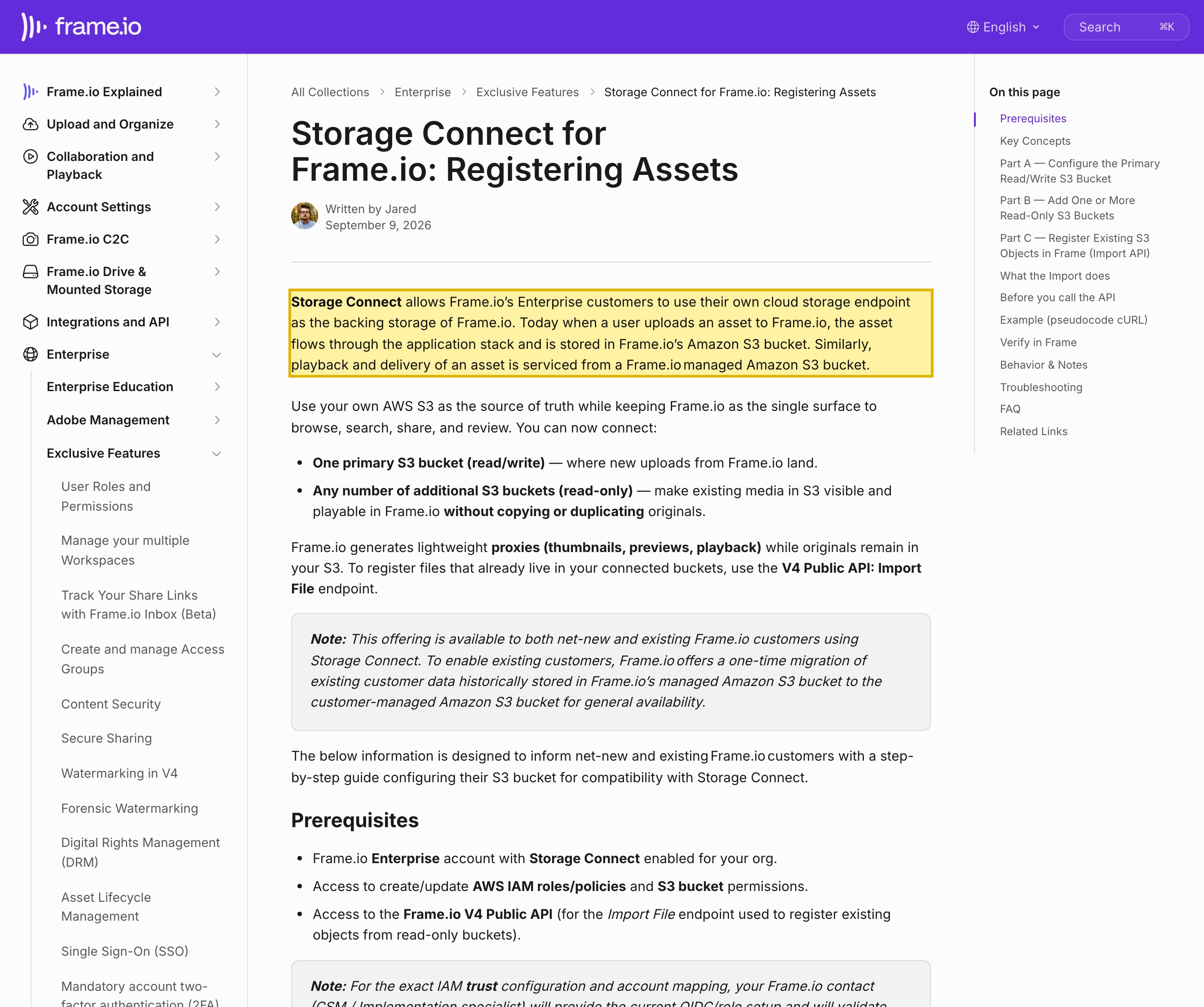 Frame.io help documentation stating that when a user uploads an asset it is stored in Frame.io's Amazon S3 bucket and that playback and delivery are served from a Frame.io managed Amazon S3 bucket — hosted cloud storage, with no mainland-China region