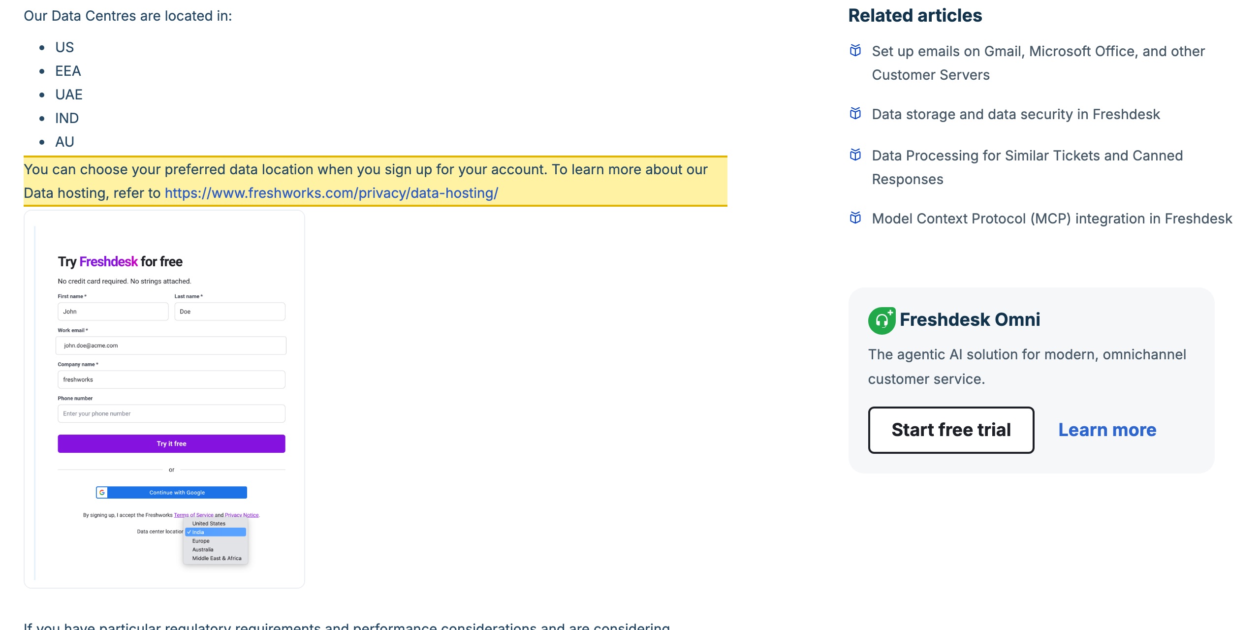 Freshworks（Freshdesk）のサポート記事。データセンターが米国・EEA・UAE・インド・オーストラリアにあり、登録時にデータ保存先を選ぶと記載され、中国本土のデータセンターはない