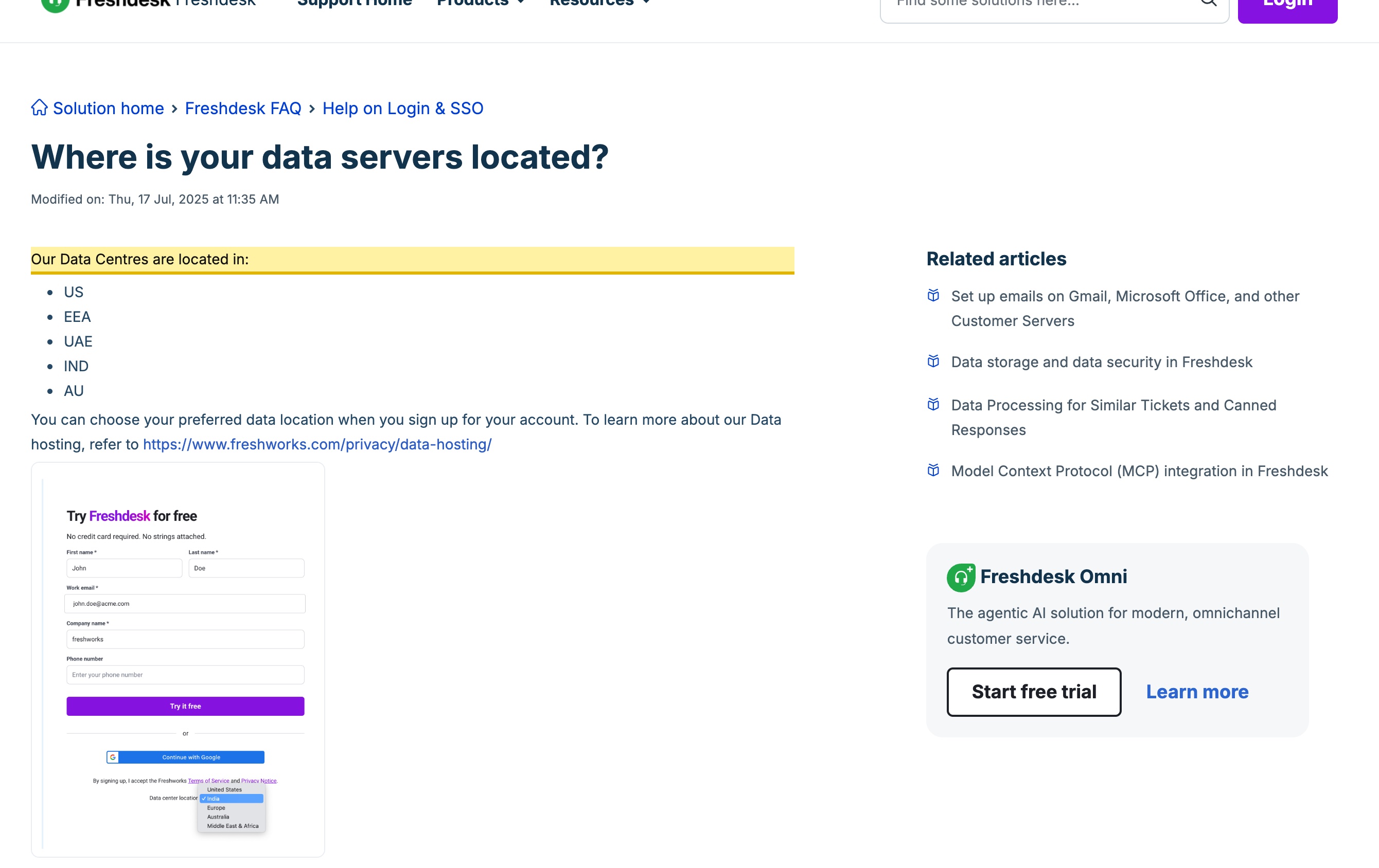 Freshworks' own support documentation listing its data-centre regions — US, EEA, UAE, IND (India) and AU (Australia) — and stating customers choose their data location at signup, with no mainland-China region.