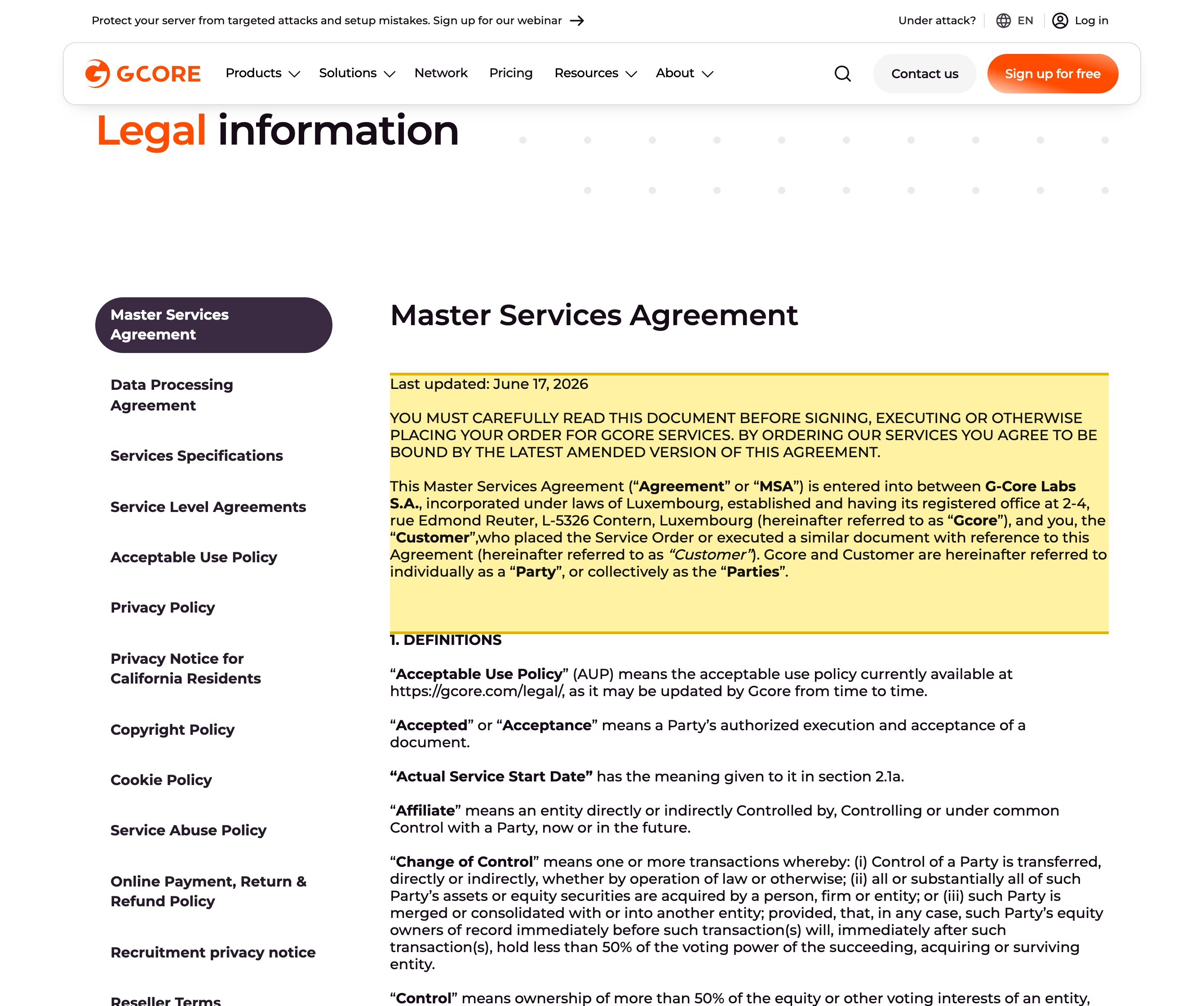 Gcore legal terms naming the contracting entity G-Core Labs S.A. as incorporated under the laws of Luxembourg, and permitting customer content and data to be sent to entities located in countries outside the EEA that may not provide an adequate level of data protection