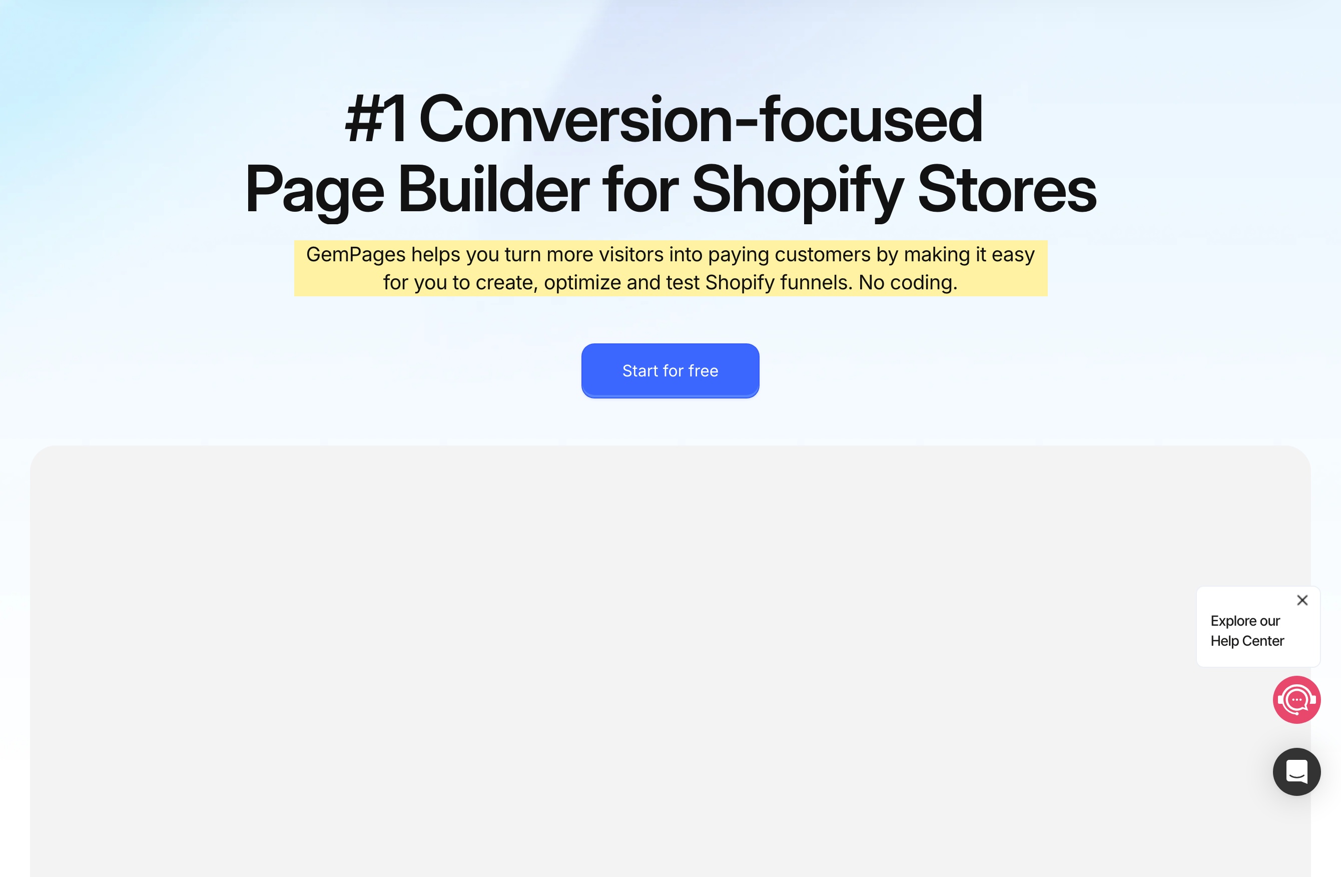 GemPagesのホームページのヒーロー。Shopifyストア向けのコンバージョン重視のページビルダーと掲げ、コーディング不要でShopifyのファネルを作成・最適化・テストできると述べる行がある
