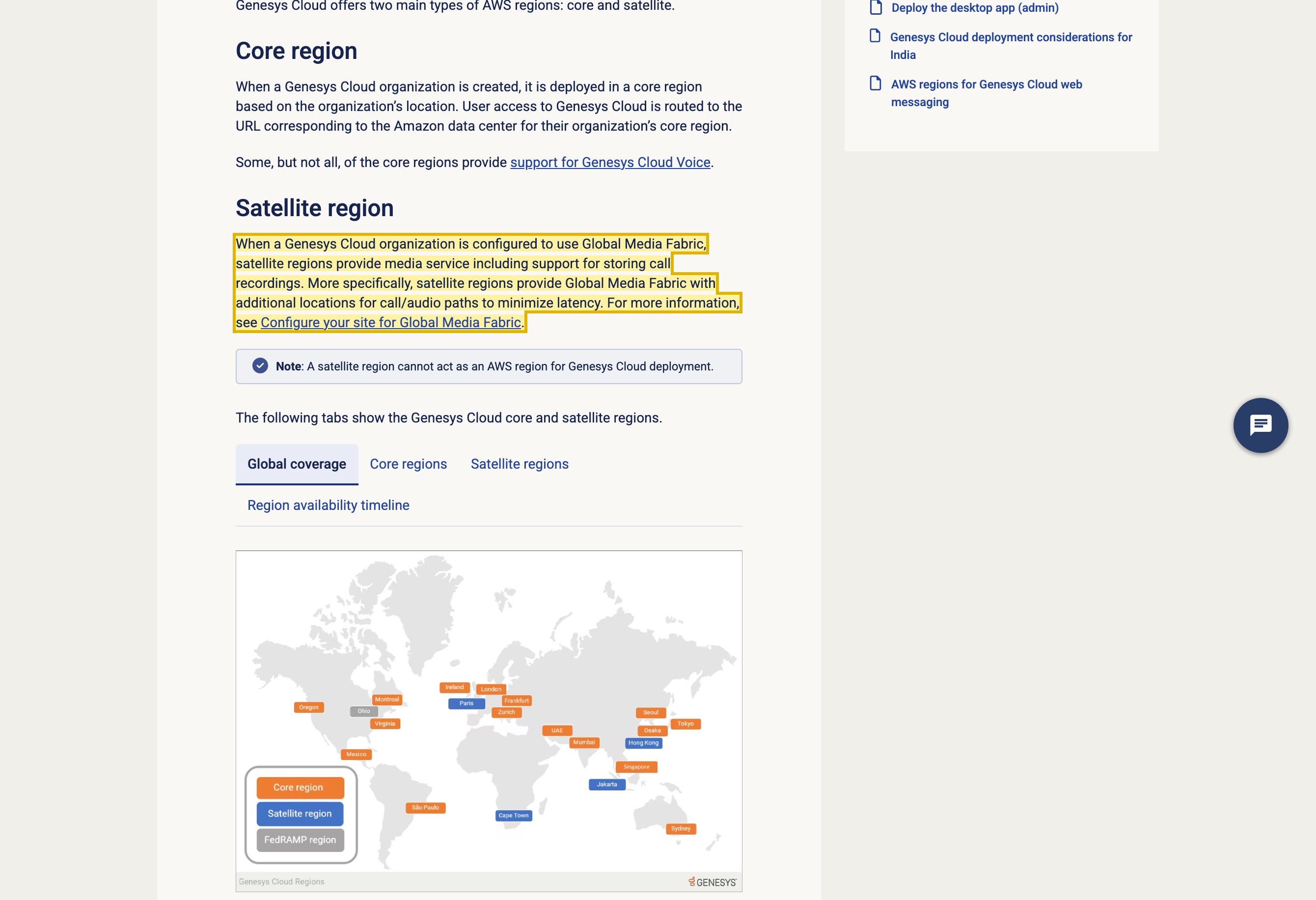 Genesys Cloud Resource Center article 'AWS regions for Genesys Cloud' listing the core and satellite AWS regions — Asia Pacific (Mumbai), (Tokyo), (Seoul), (Osaka), (Singapore), (Sydney) and the Asia Pacific (Hong Kong) satellite media region — with no mainland-China region, and stating that satellite regions store call recordings