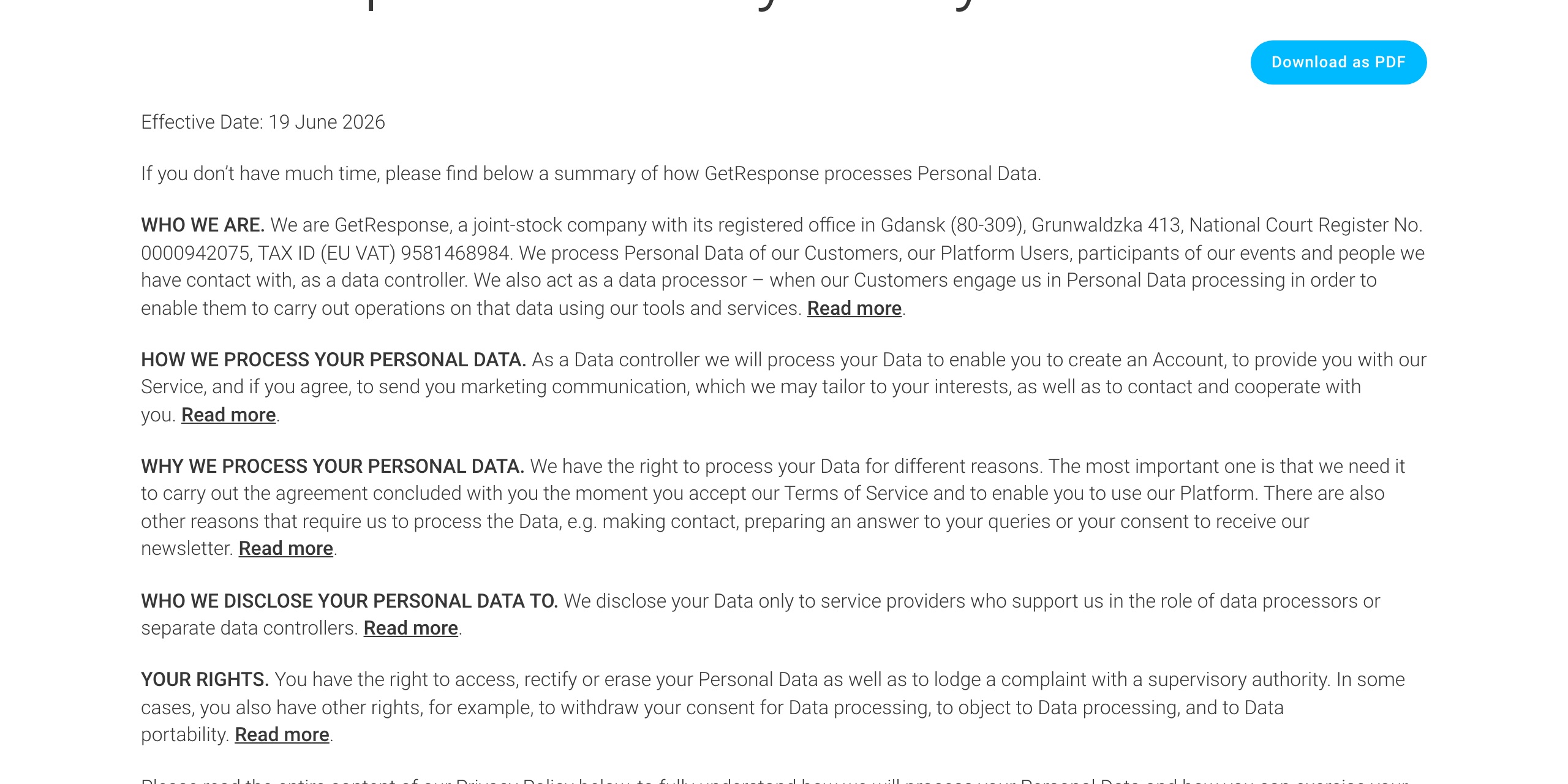GetResponse Privacy Policy transfer section stating that the recipients it transfers data to are based mainly in the European Economic Area (EEA), and that where data reaches third countries outside the EEA GetResponse uses Standard Contractual Clauses under article 46 GDPR — with no mainland-China region named