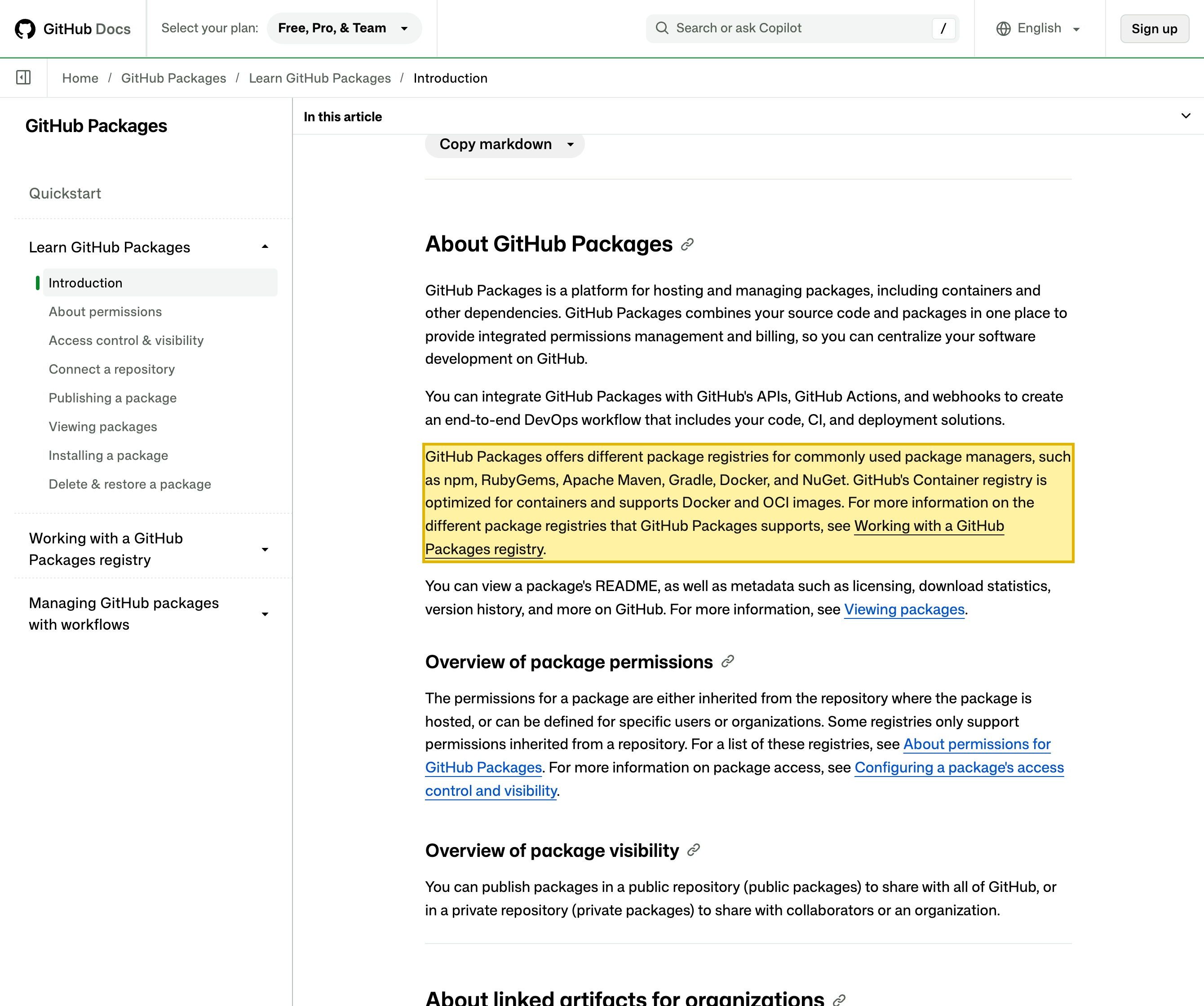 GitHub documentation page Introduction to GitHub Packages, stating that GitHub's Container registry is optimized for containers and supports Docker and OCI images, and that GitHub Packages is a software package hosting service that lets you host your software packages privately or publicly — confirming private container images are hosted on GitHub's own registry