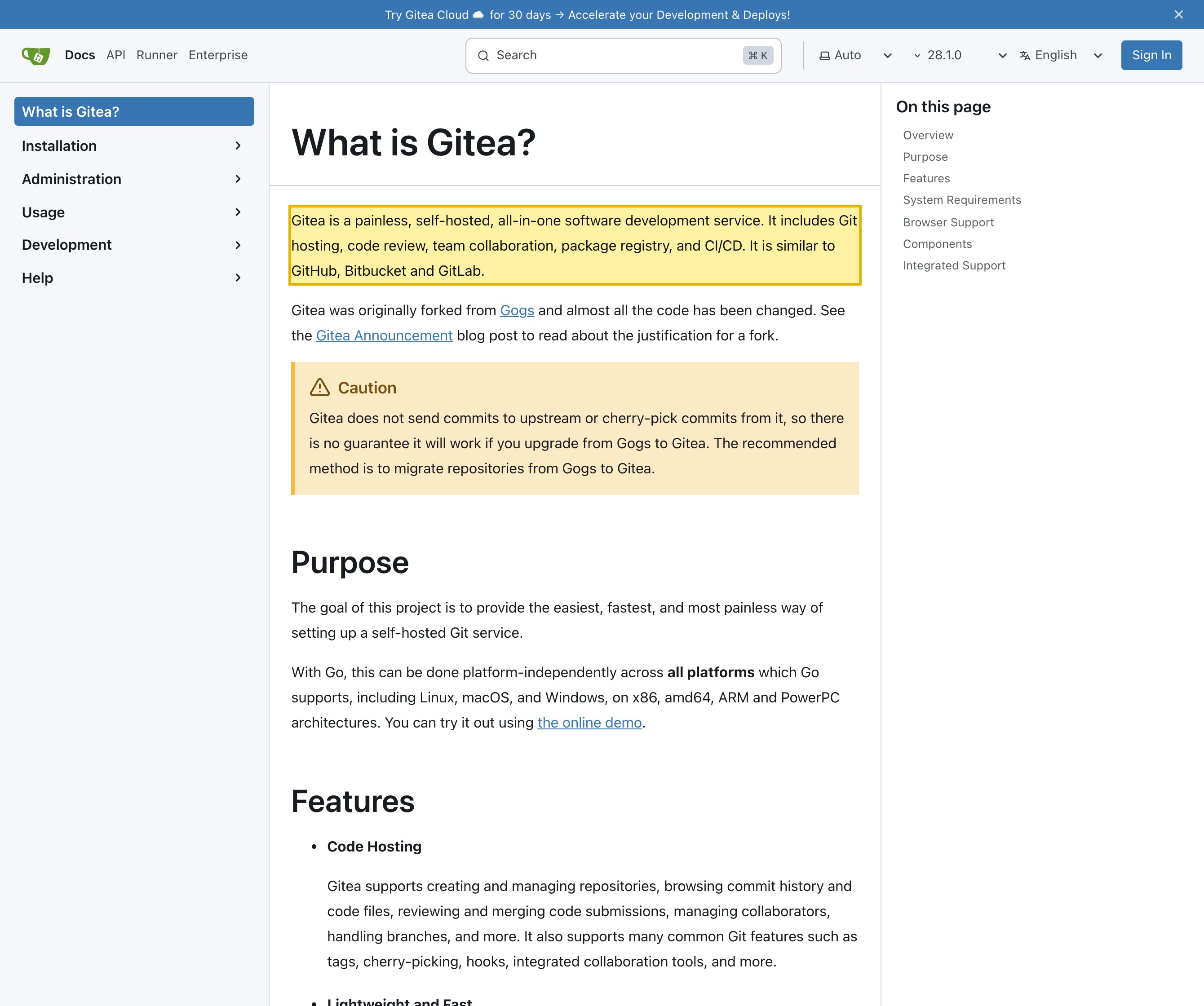 The Gitea documentation home page stating that Gitea is a painless, self-hosted, all-in-one software development service and an open-source project based on the MIT license