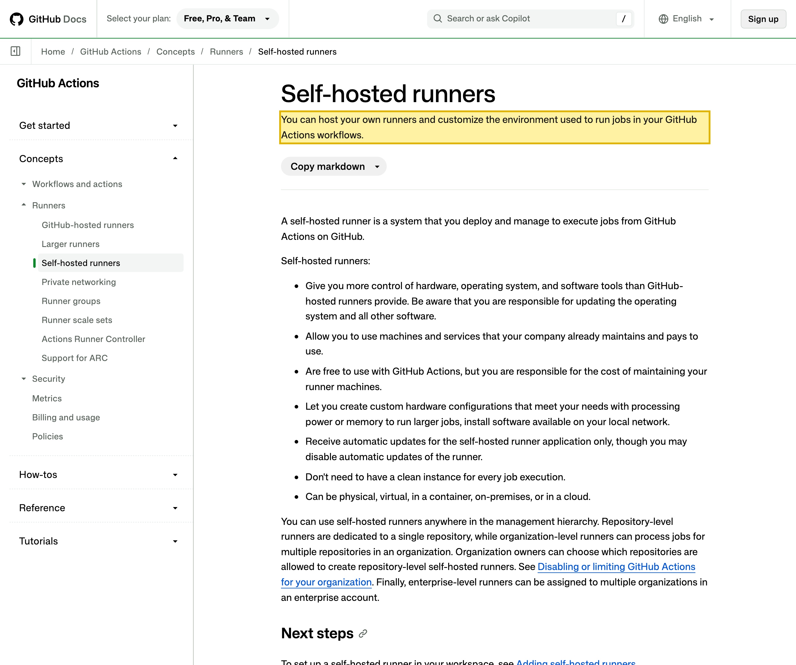 GitHub's official documentation on self-hosted runners, stating that you can host your own runners and customize the environment used to run jobs in your GitHub Actions workflows, and defining a self-hosted runner as a system that you deploy and manage — confirming an in-country self-hosted path exists as the residency lever