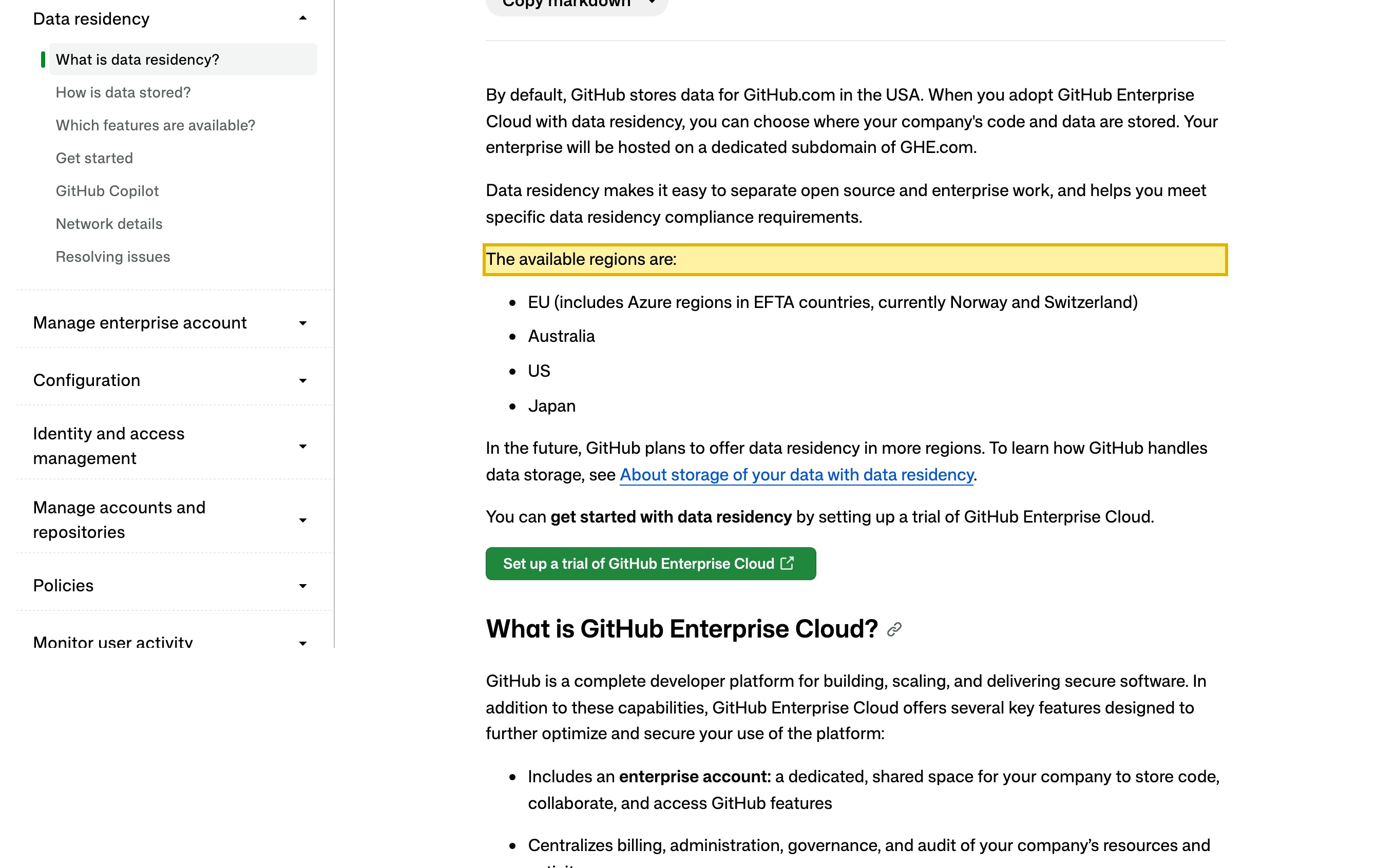 GitHub's data-residency documentation stating that by default GitHub stores GitHub.com data in the USA, and listing the available data-residency regions as EU, Australia, US and Japan — with no region inside mainland China