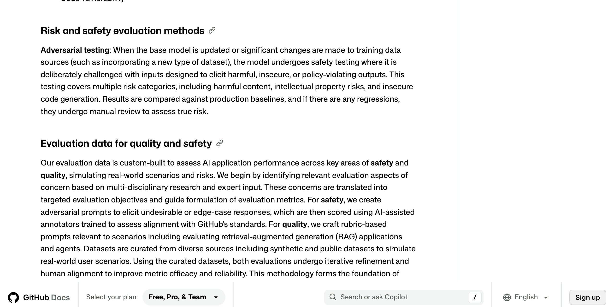 GitHub Docs page 'Responsible use of GitHub Copilot code completion' showing the section on how a suggestion is produced, with the sentence that code context — including edit history, surrounding code, and cursor position — is structured and scoped before reaching the language model