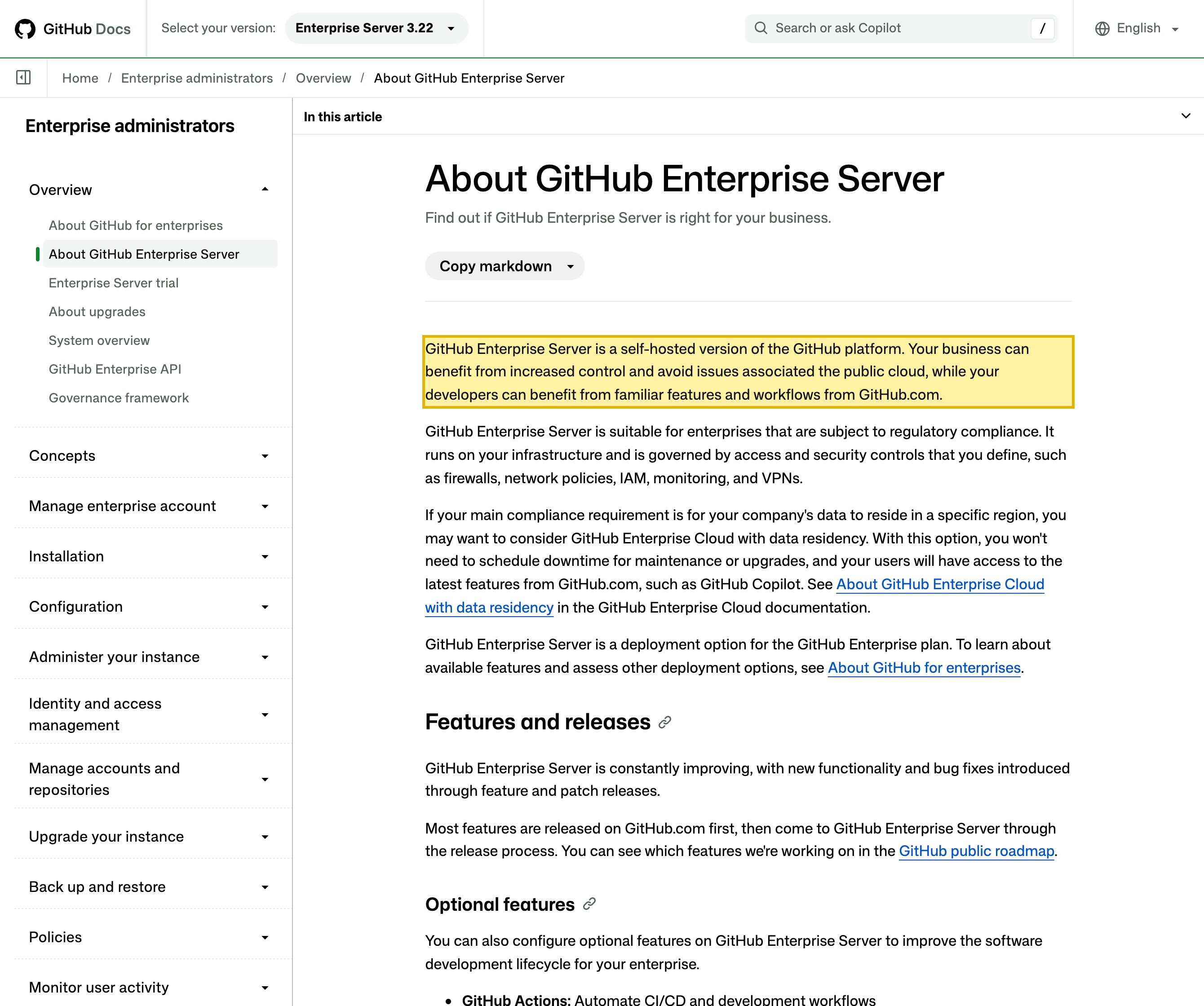 GitHub's own About GitHub Enterprise Server documentation page on docs.github.com, showing that GitHub Enterprise Server is a self-hosted version of the GitHub platform and that it can be deployed to a virtualization hypervisor within your on-premises datacenter or to a public cloud service — the self-hosted statement that makes an in-country, mainland-China deployment possible.