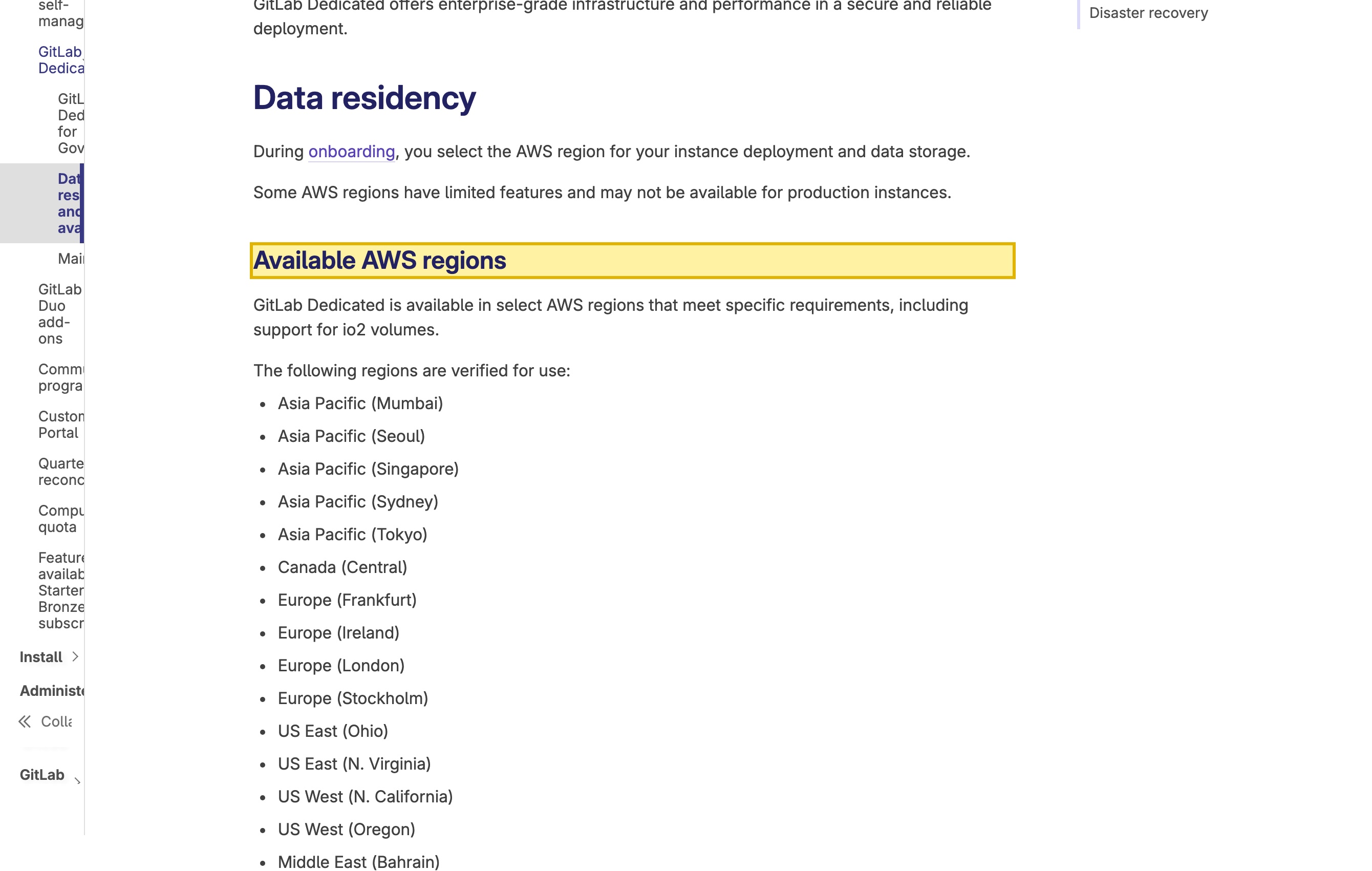 GitLab Dedicated 'Data residency and high availability' documentation page listing the available AWS regions for a GitLab Dedicated instance — Asia Pacific, Canada, Europe, US and Middle East regions — with no mainland-China region in the list
