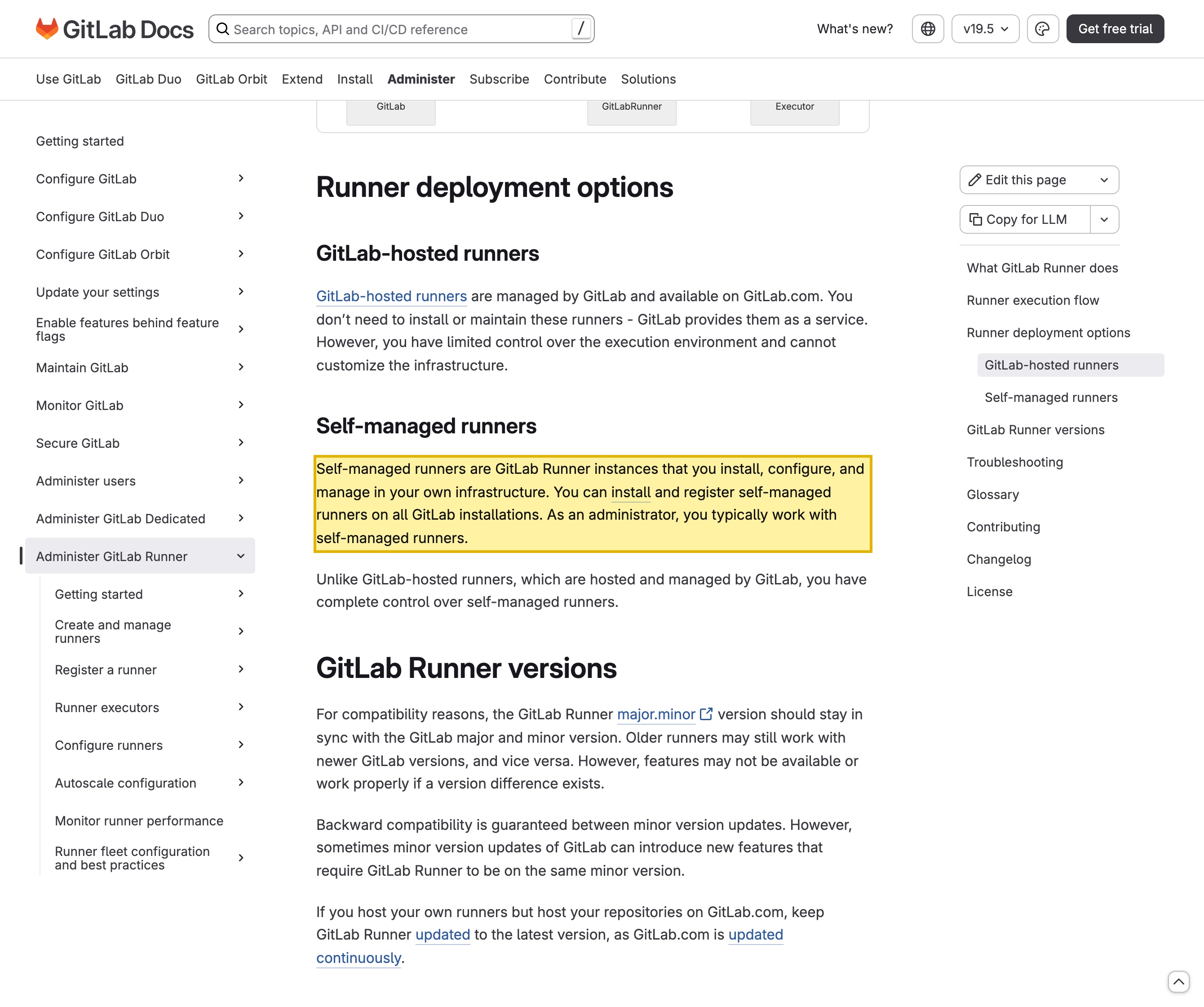 GitLab's official GitLab Runner documentation describing GitLab-hosted runners as fully managed by GitLab and provided as a service on GitLab.com, alongside self-managed runners that you install, configure, and manage in your own infrastructure — confirming the hosted runners are GitLab's own service and that an in-country self-hosted path exists