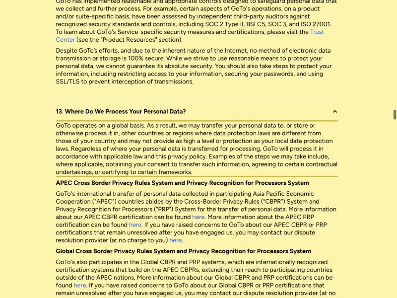GoTo Privacy Policy section 13, 'Where Do We Process Your Personal Data?', stating that GoTo operates on a global basis and may transfer, store or process personal data in other countries or regions — with no mainland-China region named