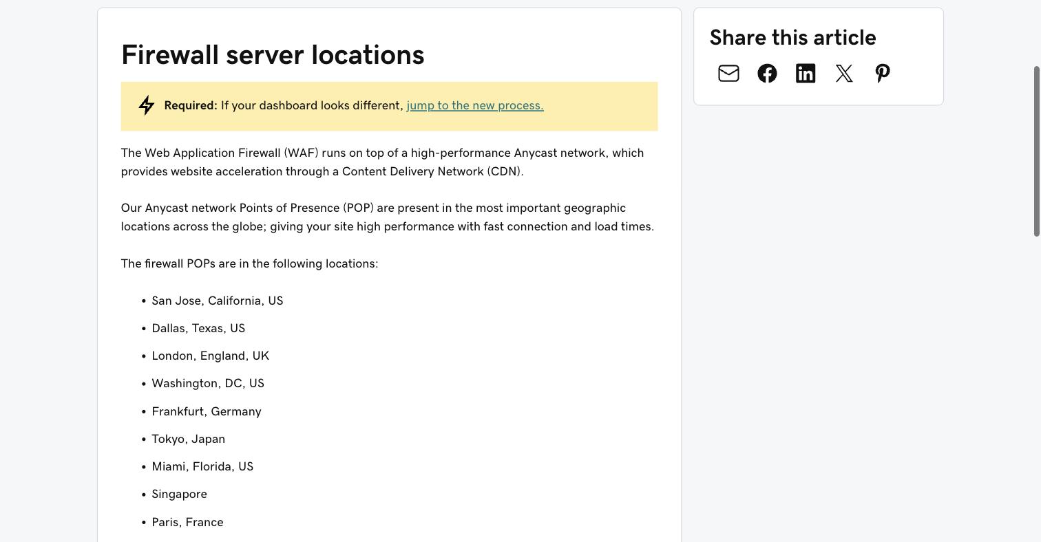 GoDaddy Help page listing the firewall and CDN server locations — San Jose, Dallas, Washington DC, Miami, Chicago, London, Frankfurt, Paris, Tokyo and Singapore — with no location in mainland China