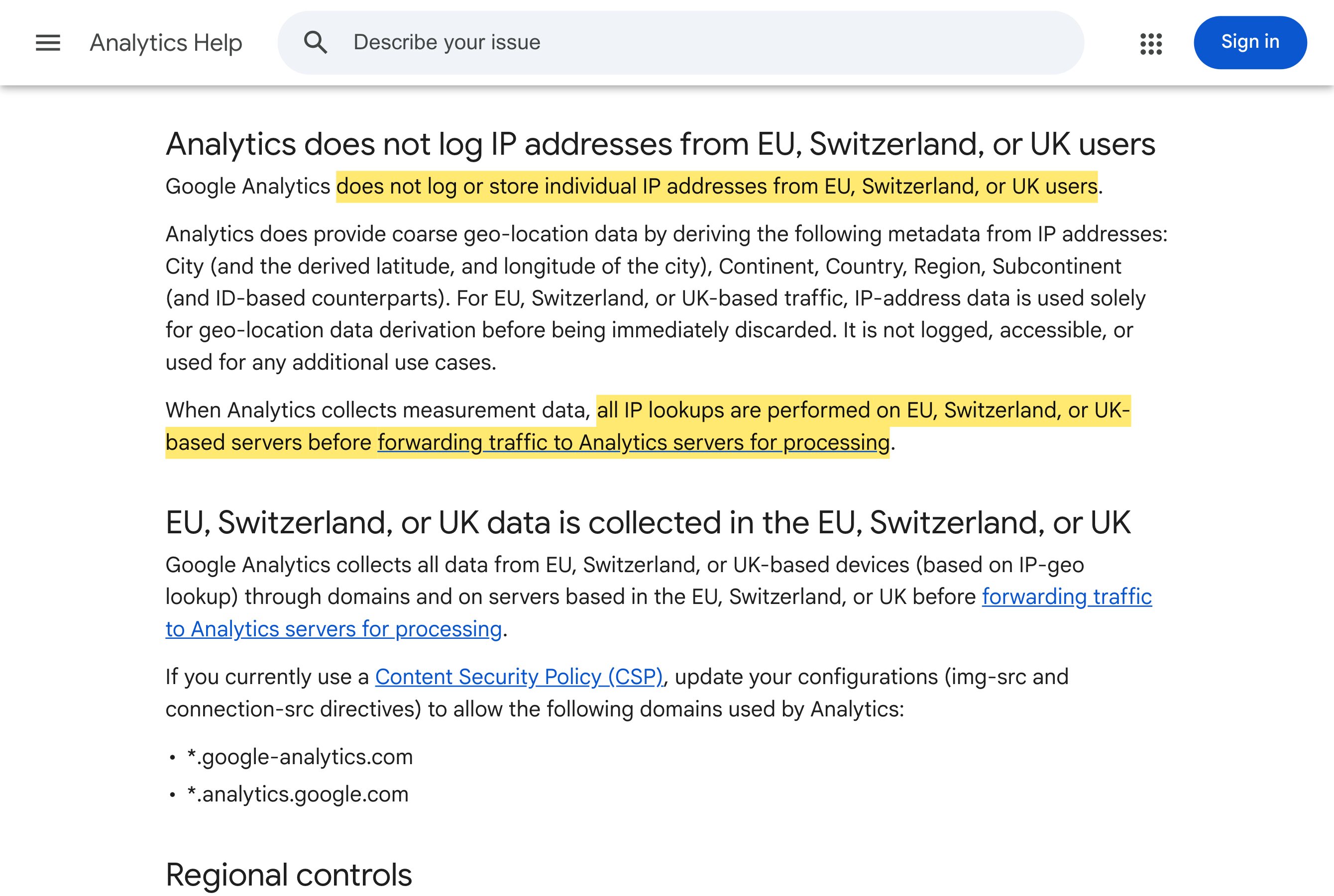「EU・スイス・英国を対象としたデータとプライバシー」と題するGoogle Analyticsのヘルプページ。EU・スイス・英国のユーザーの個々のIPアドレスを記録・保存せず、IPの参照はすべてEU・スイス・英国のサーバーで行ってから処理のためにAnalyticsのサーバーへ転送すると記載