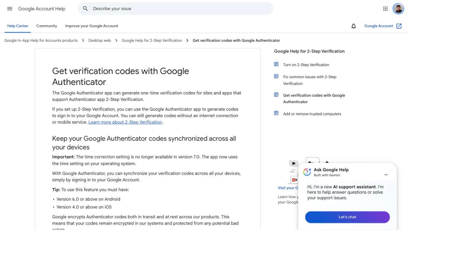 Googleアカウントヘルプのページ。Google Authenticatorはインターネット接続やモバイル通信がなくても確認コードを生成でき、同期にはGoogleアカウントへのサインインが必要だと記載