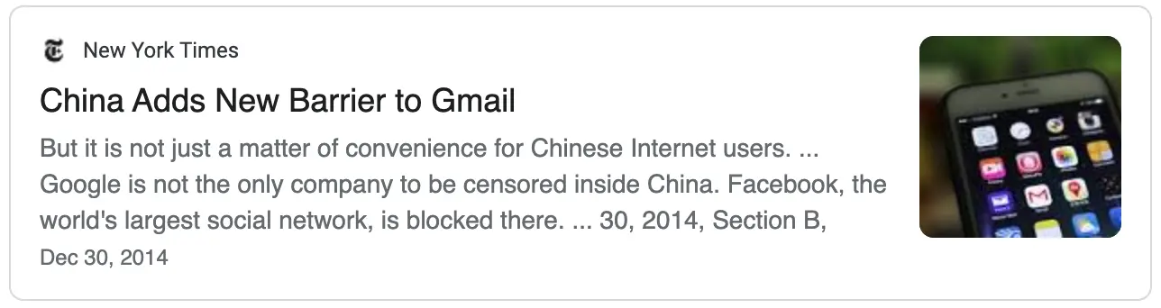 New York Times Article Headline: Google is censored inside China.