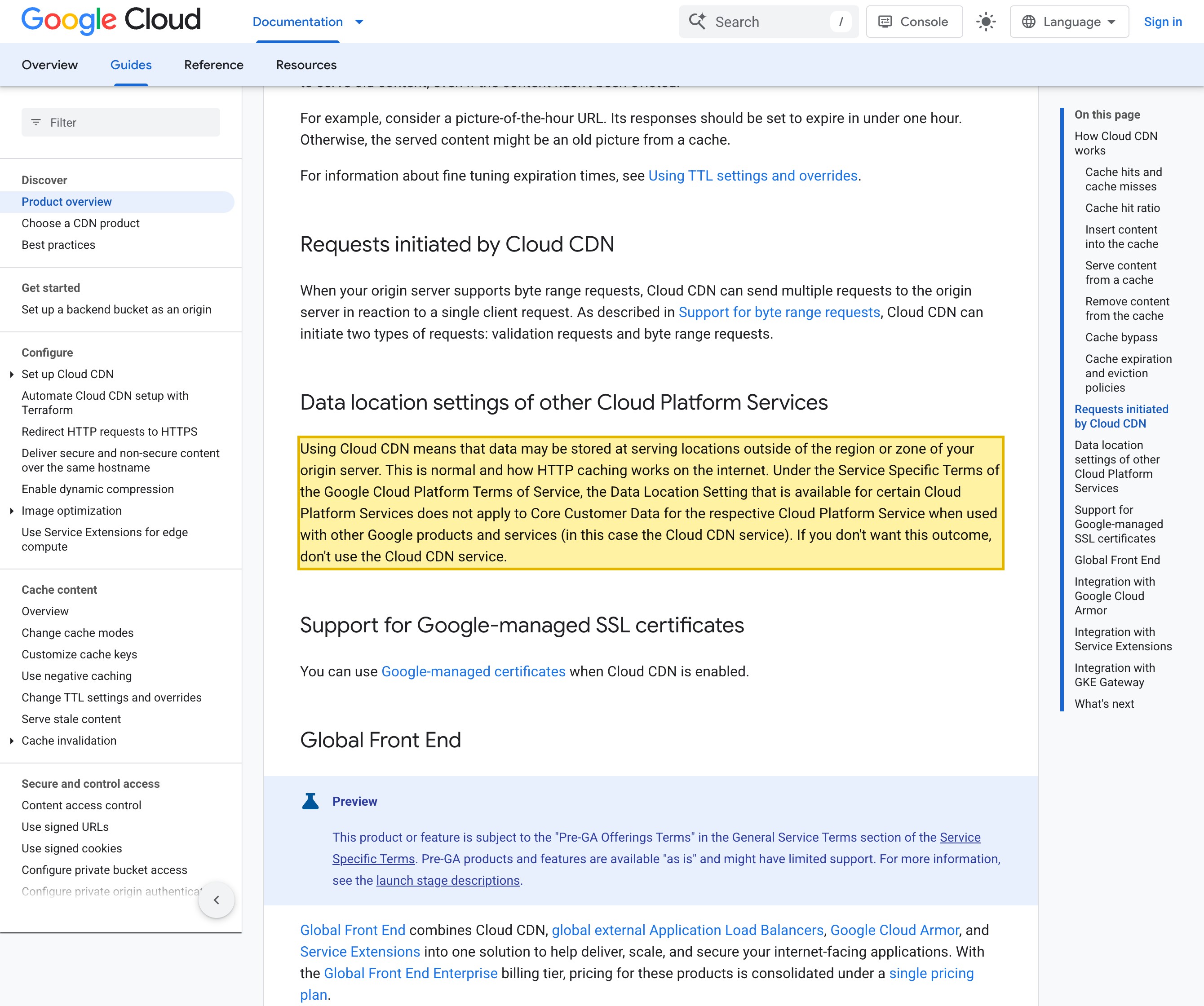 Google Cloud's own Cloud CDN documentation stating that using Cloud CDN means data may be stored at serving locations outside of the region or zone of your origin server