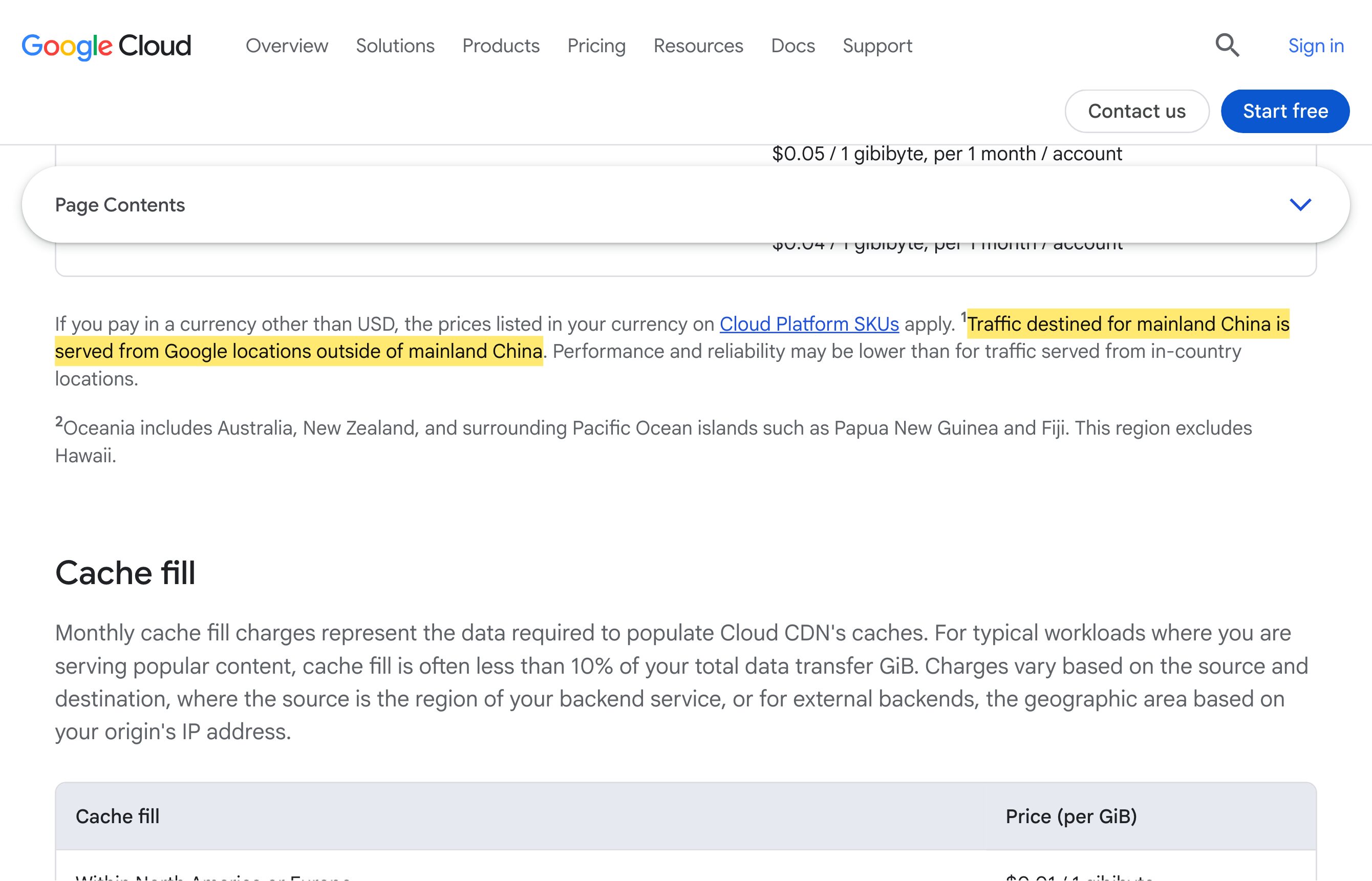 Google Cloudのネットワーク料金ページの脚注。中国本土向けのトラフィックは中国本土の外のGoogleの拠点から配信されると記載