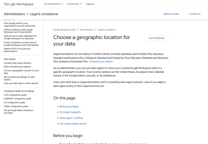 Google Workspace Admin Help page 'Choose a geographic location for your data', listing the data-region options as the United States, the European Union, or No preference, with no mainland-China option