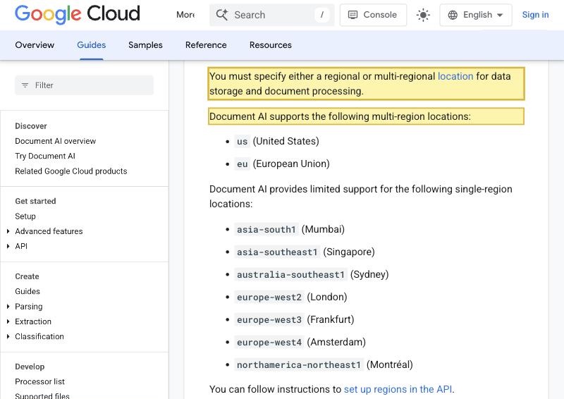 Google Cloud's Document AI regions documentation stating that you must specify a regional or multi-regional location for data storage and document processing, listing us (United States) and eu (European Union) multi-regions with no mainland-China region