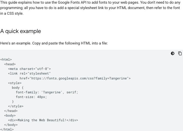 Google Fonts Developer documentation ‘Get started’ page: fonts are added with a stylesheet link to the Google Fonts API base URL https://fonts.googleapis.com/css, so the visitor's browser fetches the font from Google's servers