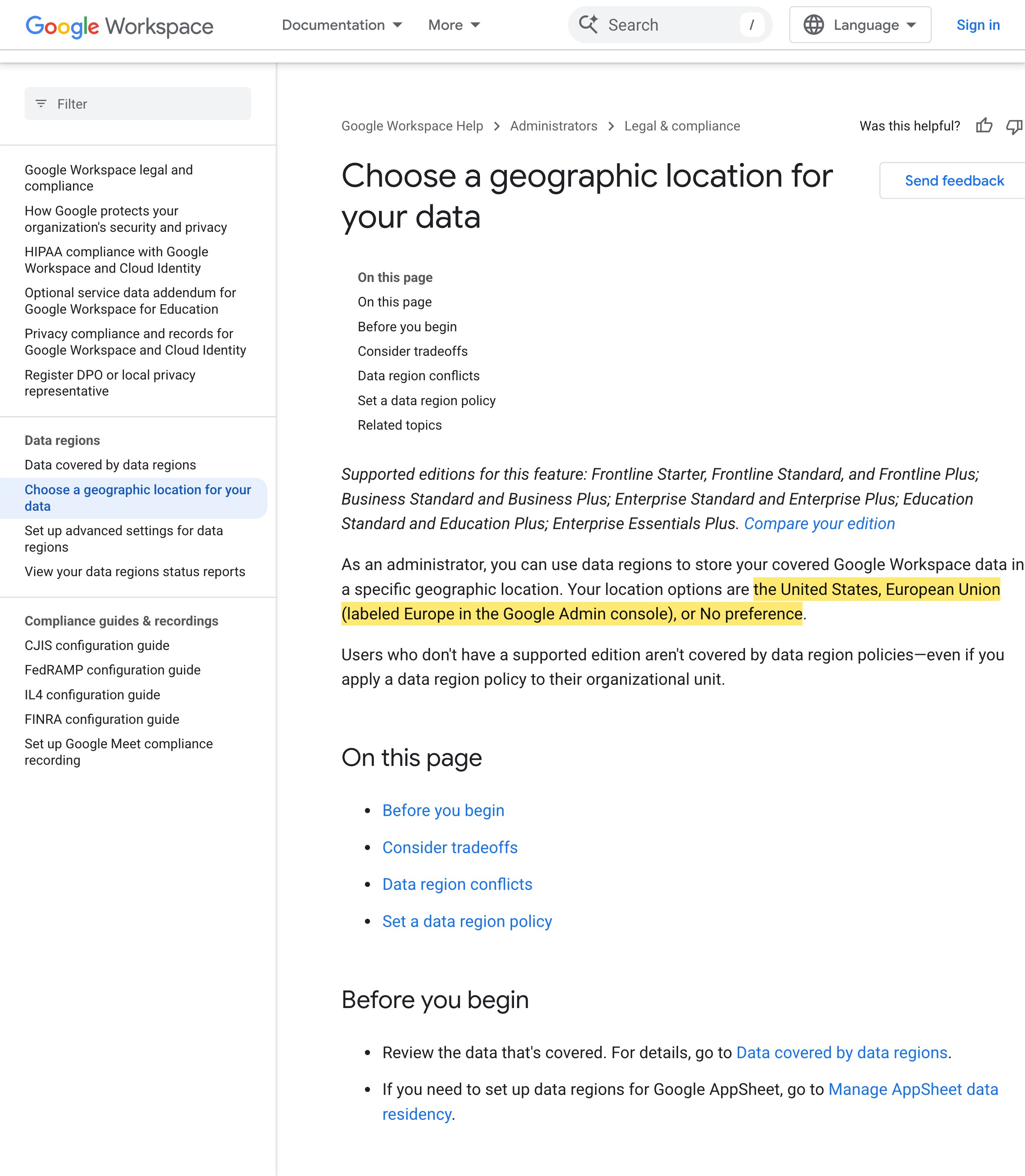 Google Workspace管理ヘルプの『データの地理的な保存場所を選択する』ページ。データリージョンの選択肢を米国・EU（Europe）・指定なしと示し、中国本土のリージョンは提供されていない