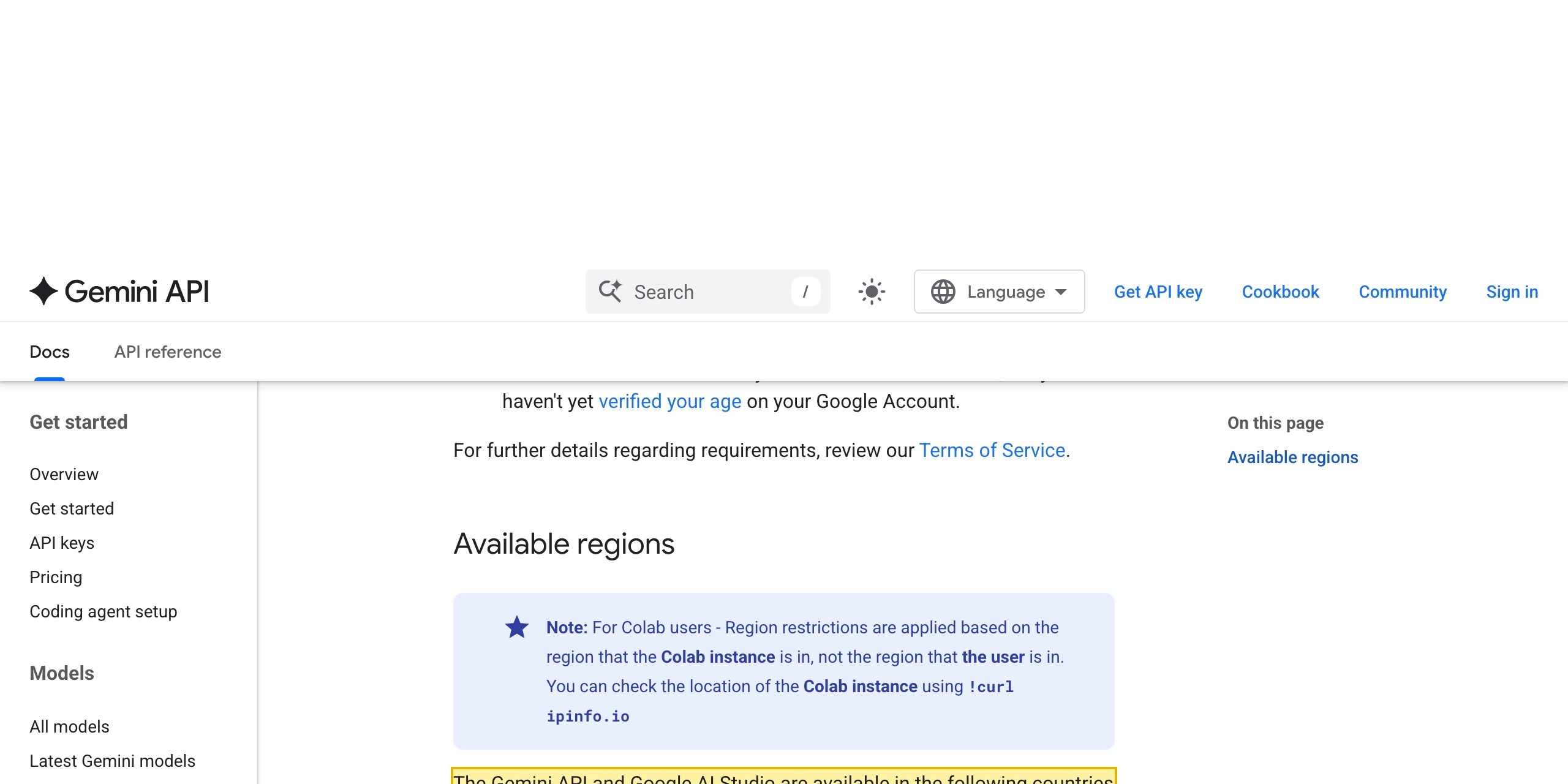 Google AI for Developers page 'Available regions for Google AI Studio and Gemini API' listing the countries and territories where the Gemini API is available, with mainland China absent from the alphabetical list while Taiwan is listed separately