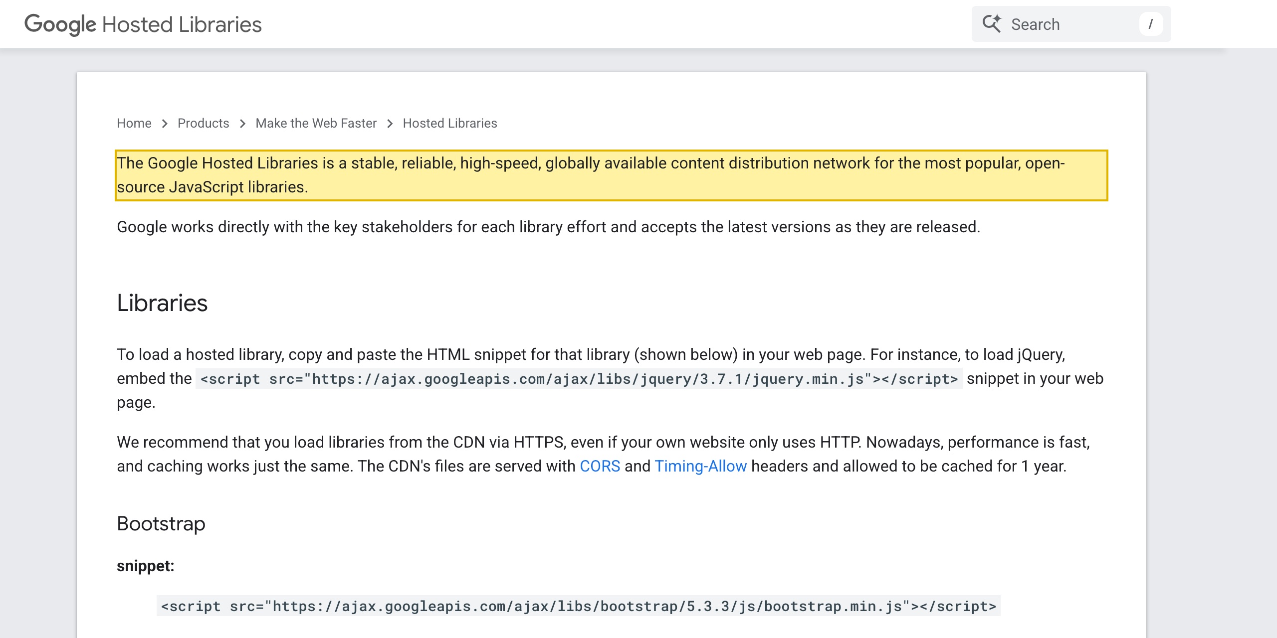 Google for Developers Hosted Libraries page describing the service as a stable, reliable, high-speed, globally available content distribution network for the most popular open-source JavaScript libraries, with the jQuery embed snippet loading from https://ajax.googleapis.com/ajax/libs/jquery/3.7.1/jquery.min.js — a Google domain with no mainland-China presence