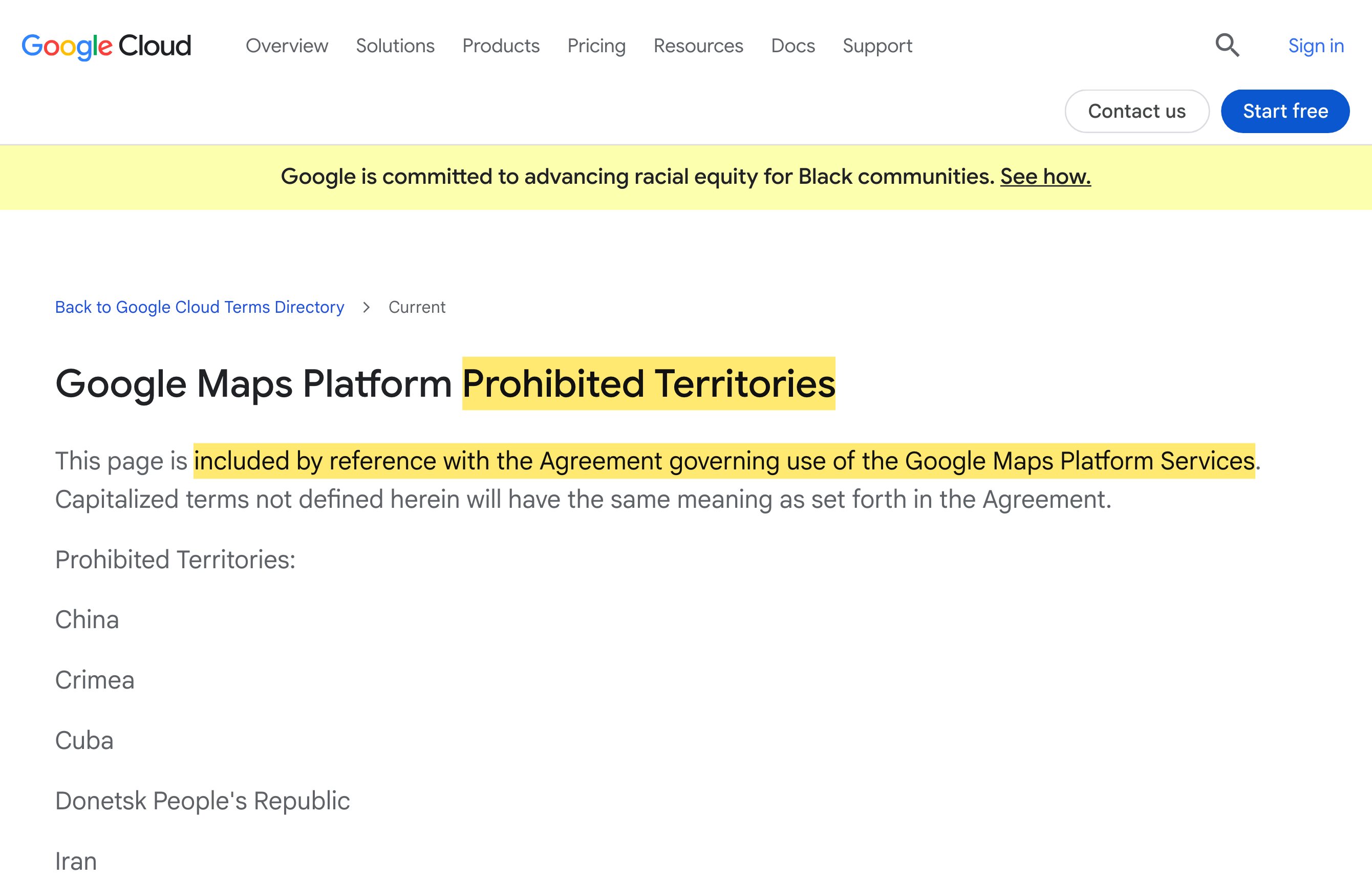 Google Maps Platformの「禁止地域」規約ページ。中国を最初の禁止地域として挙げ、続いてクリミア、キューバ、ドネツク人民共和国、イラン、ルハンスク人民共和国、北朝鮮、シリア、ベトナムを列挙
