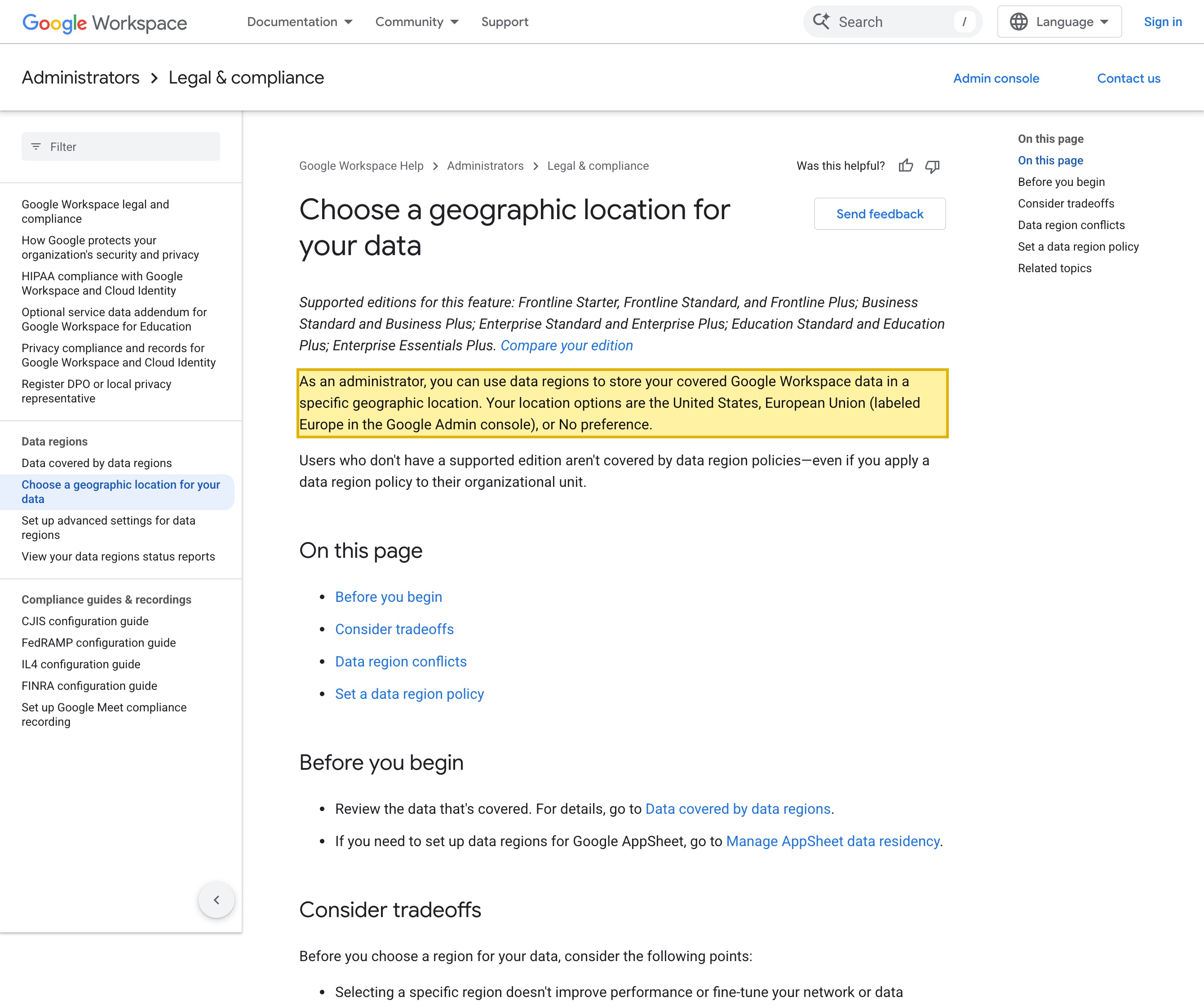 Google Workspace admin help page, Choose a geographic location for your data, showing the Data at rest location options as United States, European Union (labeled Europe), or No preference, with mainland China absent from the list
