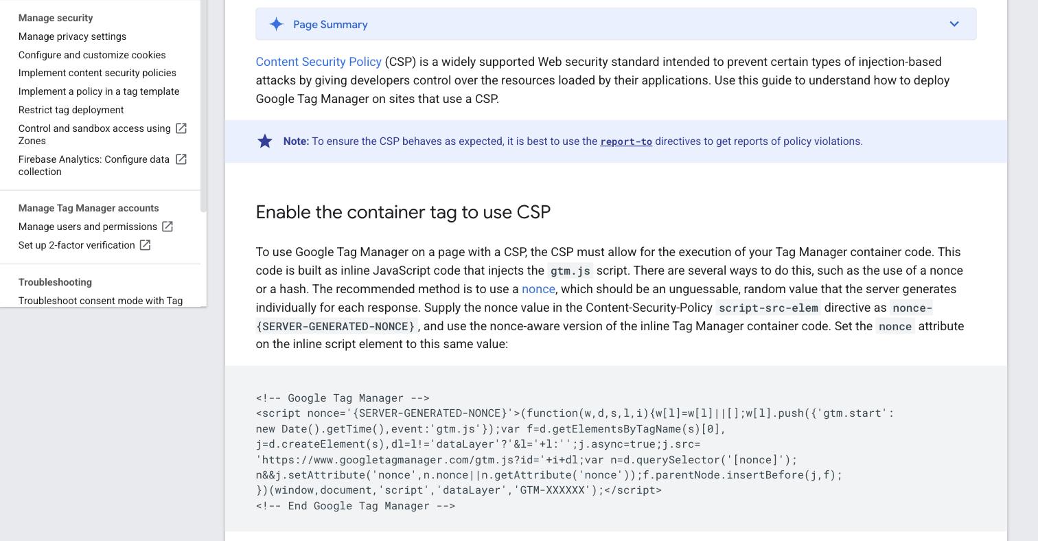 Tag Manager 向けの Google Tag Platform のコンテンツセキュリティポリシー（CSP）ガイド。インストールコードが gtm.js スクリプトを注入すること、そして Tag Manager が読み込みを許可されなければならないドメインとして www.googletagmanager.com・google-analytics.com・doubleclick.net を挙げていることを示す