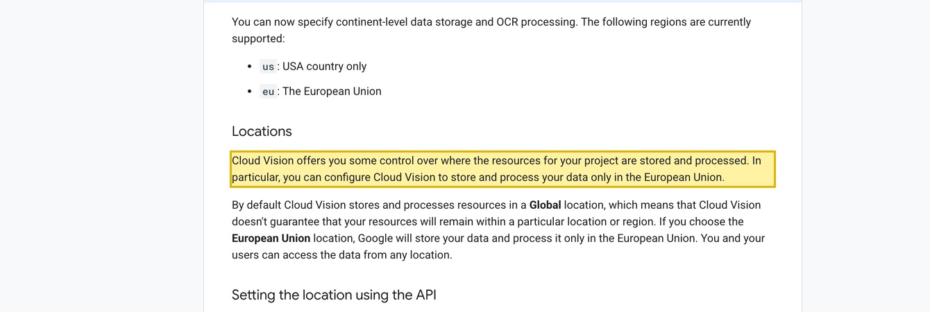 Google Cloud's Cloud Vision API documentation, 'Multi-regional support for Vision API OCR,' listing the only data-storage and OCR-processing locations as us (USA) and eu (European Union) with a global default — Google Cloud operates no region in mainland China