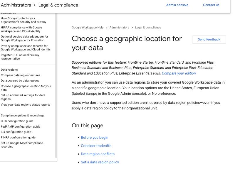 Google Workspace Admin Help page 'Choose a geographic location for your data' describing the data regions feature, with location options limited to the United States, European Union (labeled Europe in the Google Admin console), or No preference — no mainland-China region