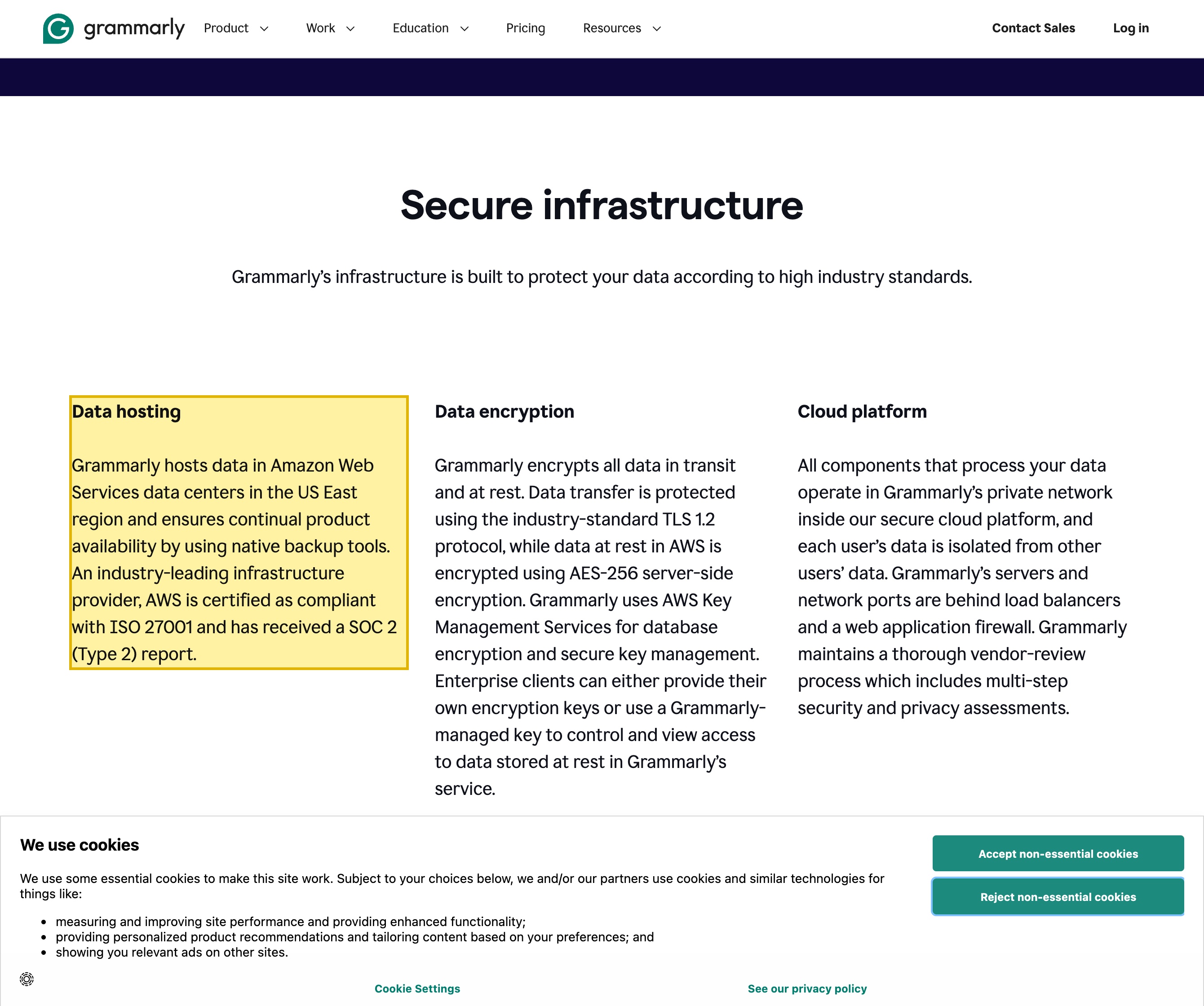 Grammarly's own Security page at grammarly.com/security, whose Data hosting entry under Secure infrastructure states that Grammarly hosts data in Amazon Web Services data centers in the US East region, and which names only AWS US infrastructure with no mainland-China region or data center anywhere on the page.