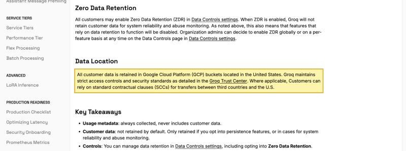 Groq's 'Your Data in GroqCloud' documentation, Data Location section, stating that all customer data is retained in Google Cloud Platform (GCP) buckets located in the United States, with no mainland-China region offered