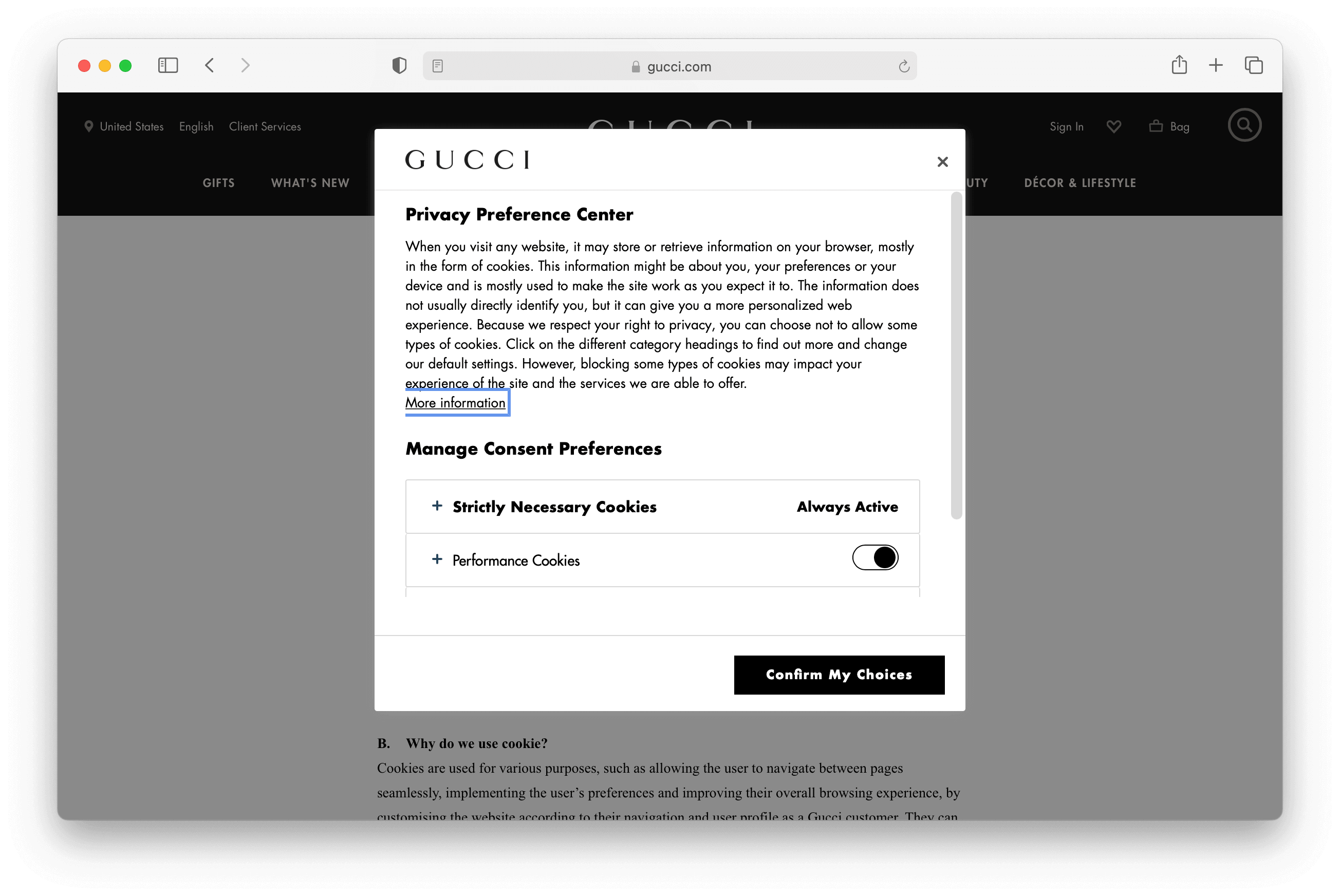 Gucci.com's Consent Banner